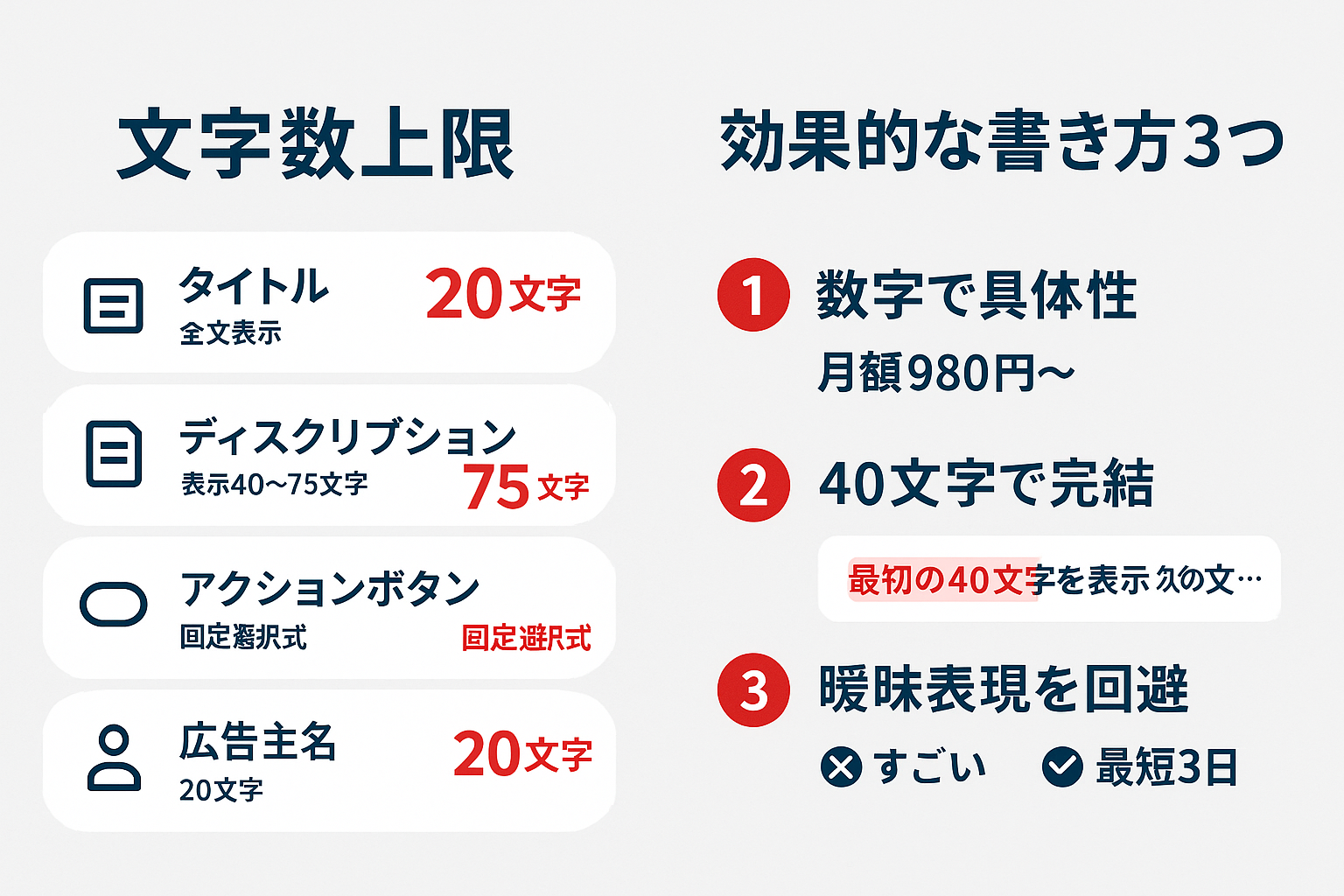 LINE広告のテキスト要素の文字数制限と効果的な書き方を示すインフォグラフィック。タイトル20文字、ディスクリプション75文字などの上限と、数字の活用や40文字以内での訴求完結など3つのポイントを表示