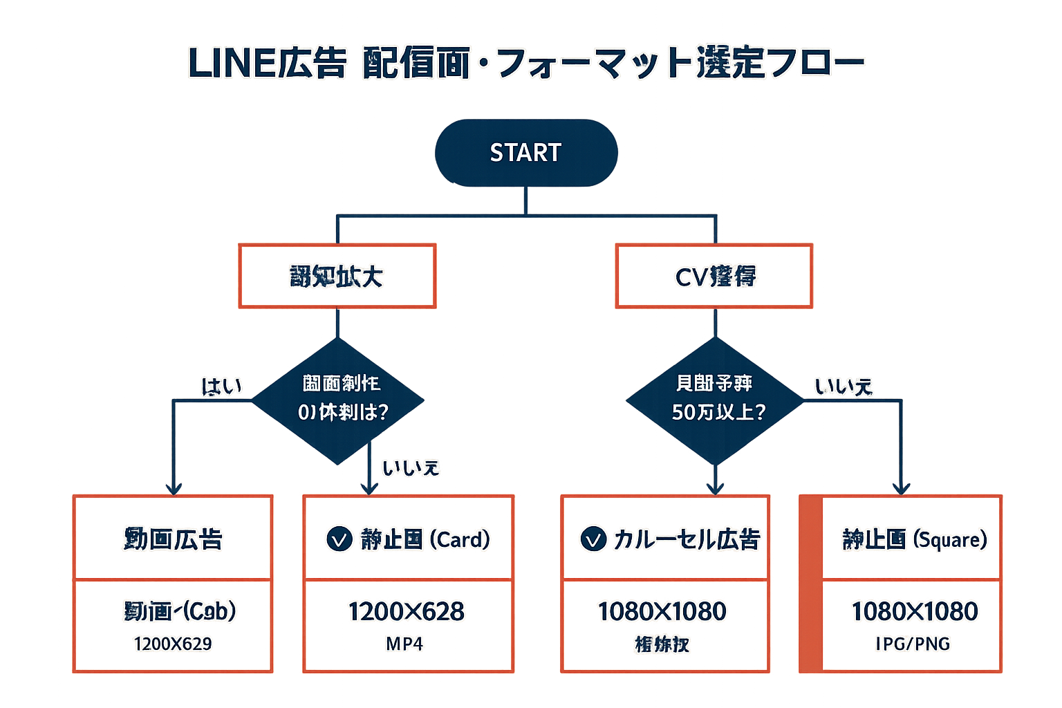 LINE広告の配信面とフォーマットを選定するための判断フローチャート。広告目的（認知拡大かCV獲得か）を起点に、動画制作体制の有無や月間予算規模に応じて、動画広告Card、静止画Card、カルーセル広告、静止画Squareの4つの推奨フォーマットに分岐する意思決定ツリー図。