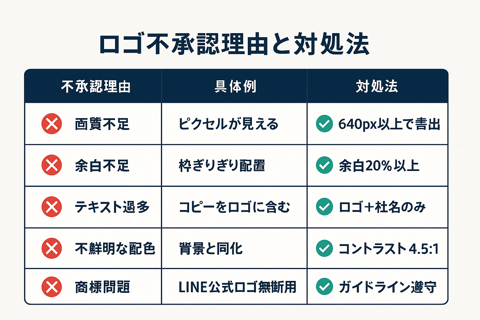 LINE広告のロゴに関する5つの主な不承認理由（画質不足、余白不足、テキスト過多、不鮮明な配色、商標問題）とそれぞれの具体例・対処法を比較表形式で整理した図。