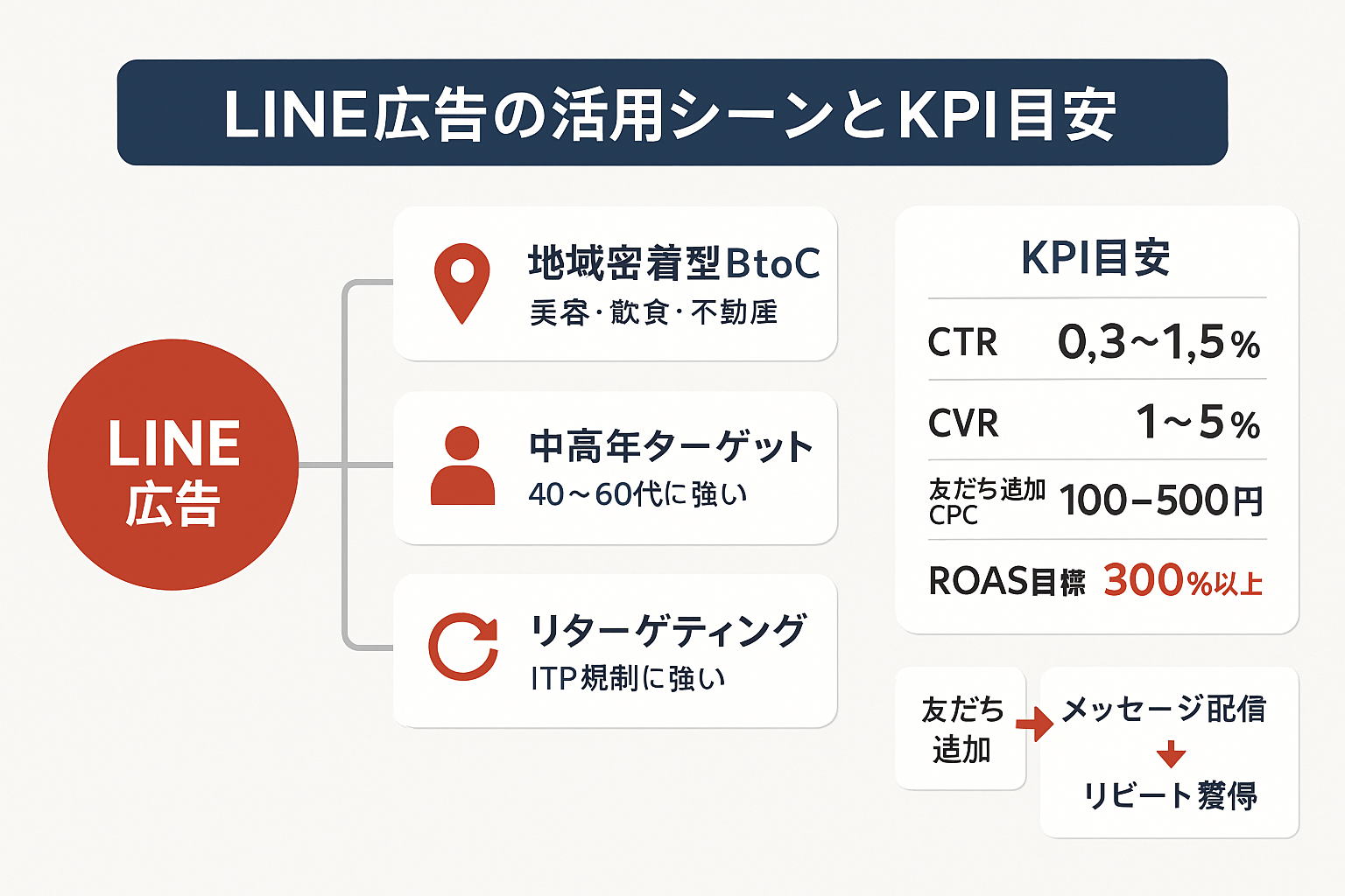 LINE広告が効果的な3つのビジネスシーン（地域密着型BtoC、中高年ターゲット、リターゲティング）を中央のLINE広告から分岐して示した図と、CTR・CVR・友だち追加CPC・ROASの4つのKPI目安値を表示した図