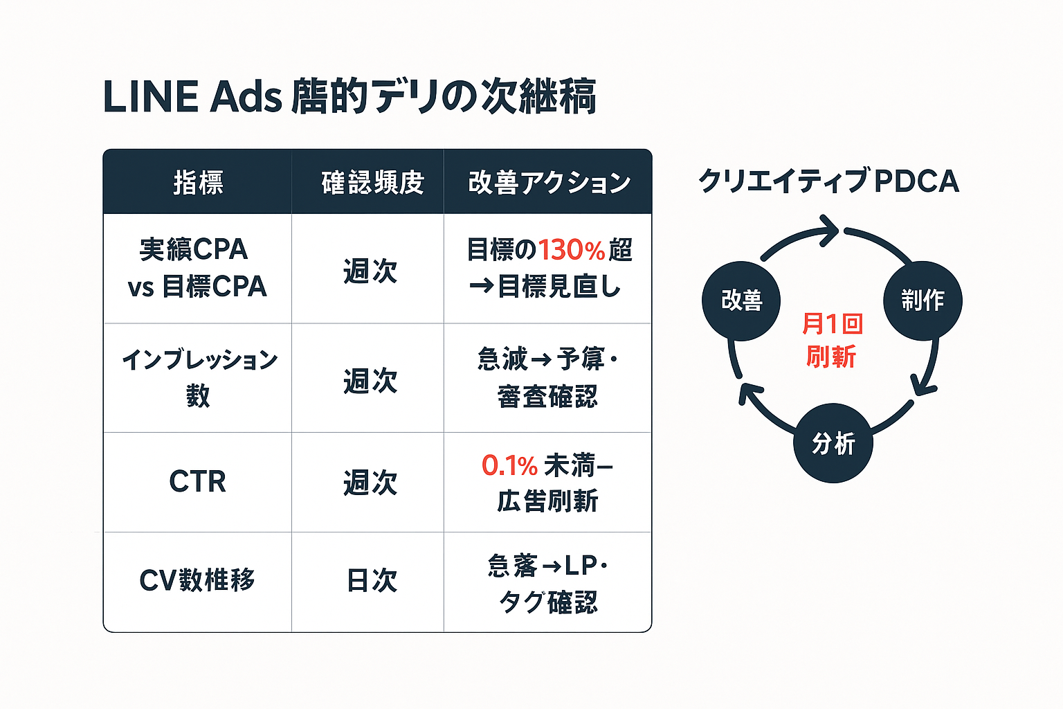 LINE広告自動入札の週次レビューで確認すべき4つの指標（実績CPA、インプレッション数、CTR、CV数）とその改善アクション目安を一覧表で示し、クリエイティブPDCAサイクルを添えた比較図