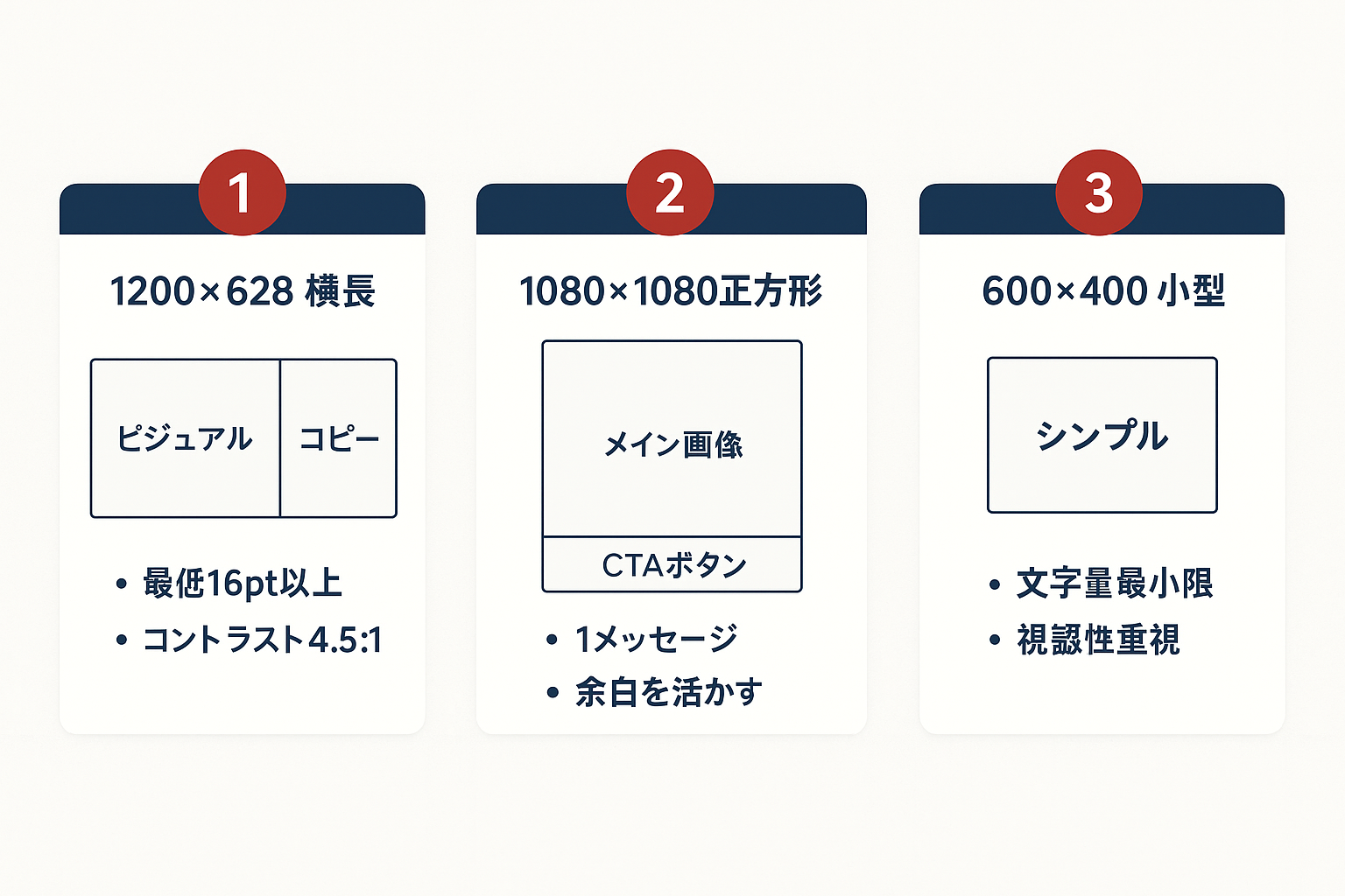 LINE広告バナーサイズ別の設計ガイド。1200×628横長、1080×1080正方形、600×400小型の3サイズについてレイアウトのポイントをワイヤーフレーム付きで解説するステップガイド