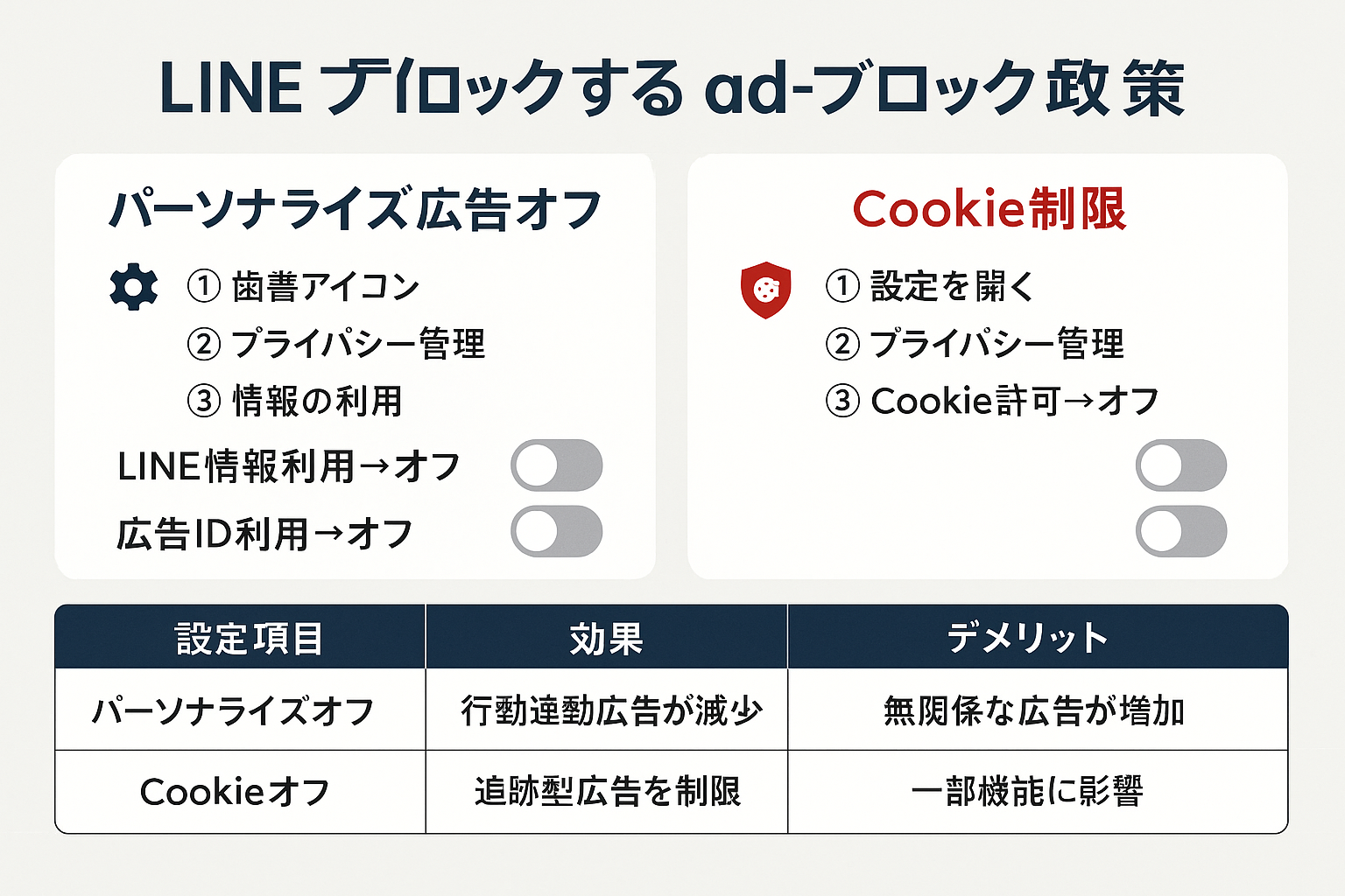 LINEのプライバシー設定で広告を抑制する方法を示すインフォグラフィック。パーソナライズ広告オフとCookie制限の設定手順を図解し、各設定の効果とデメリットを比較表で表示。