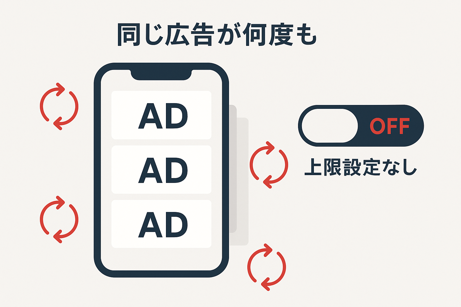 フリークエンシーキャップ未設定により同じ広告が過剰表示される様子を表す概念図