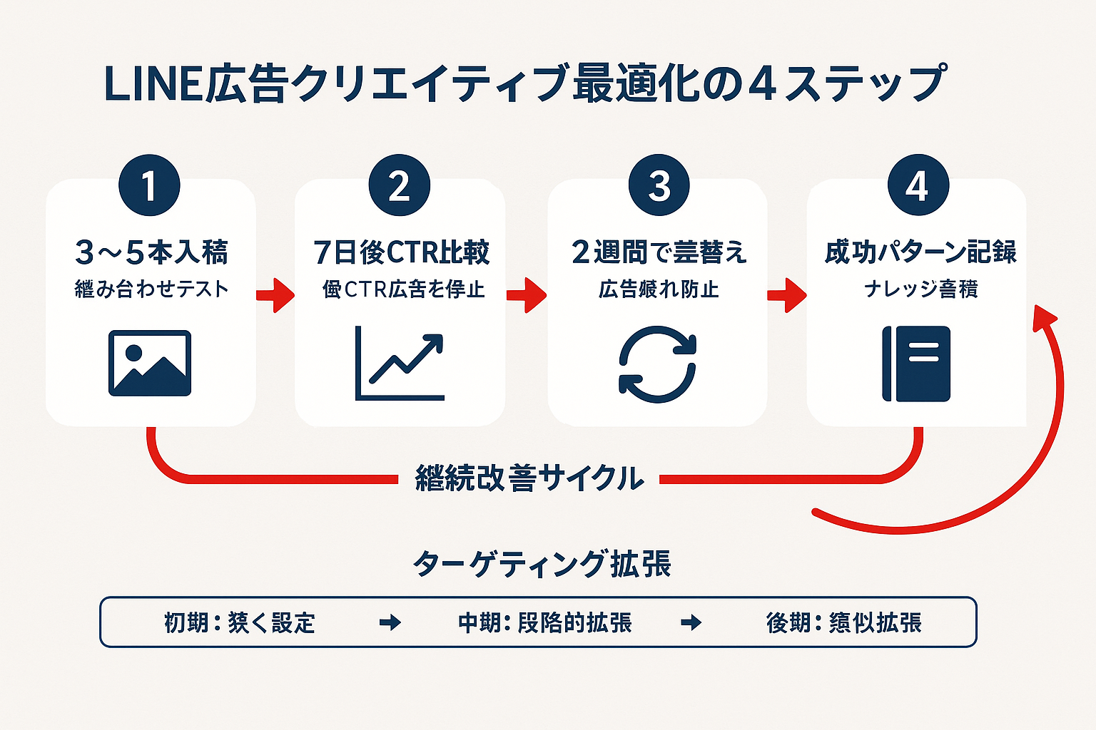 LINE広告のクリエイティブ最適化を4ステップの継続改善サイクルとして示したステップガイド