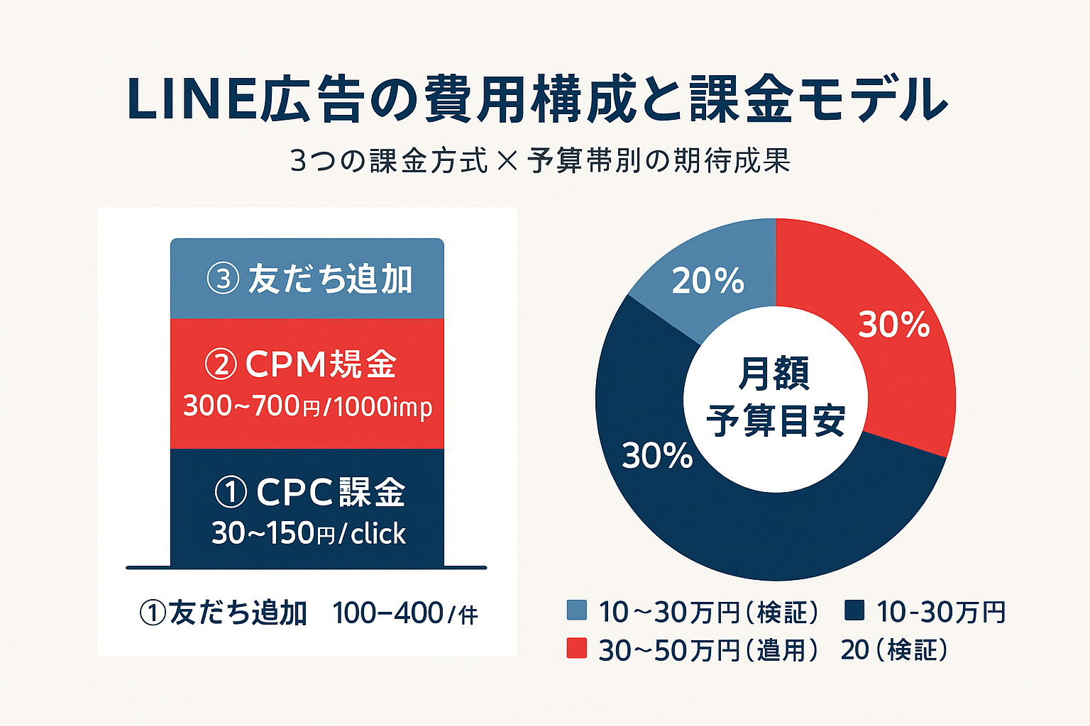 LINE広告の費用構成を示すインフォグラフィック。左側にCPC課金（30〜150円）、CPM課金（300〜700円）、友だち追加課金（100〜400円）の3層積み上げ棒グラフ、右側に月額予算帯別（10〜30万円・30〜50万円・50万円以上）のドーナツチャートを表示