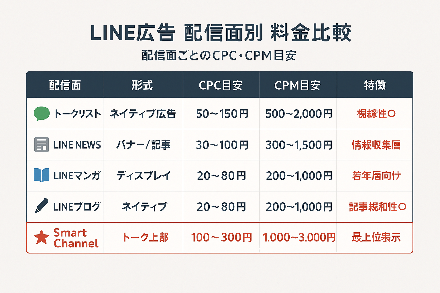 LINE広告の配信面別料金比較表。トークリスト、LINE NEWS、LINEマンガ、LINEブログ、Smart Channelの5つの配信面について、形式・CPC目安・CPM目安・特徴を一覧で比較したインフォグラフィック。
