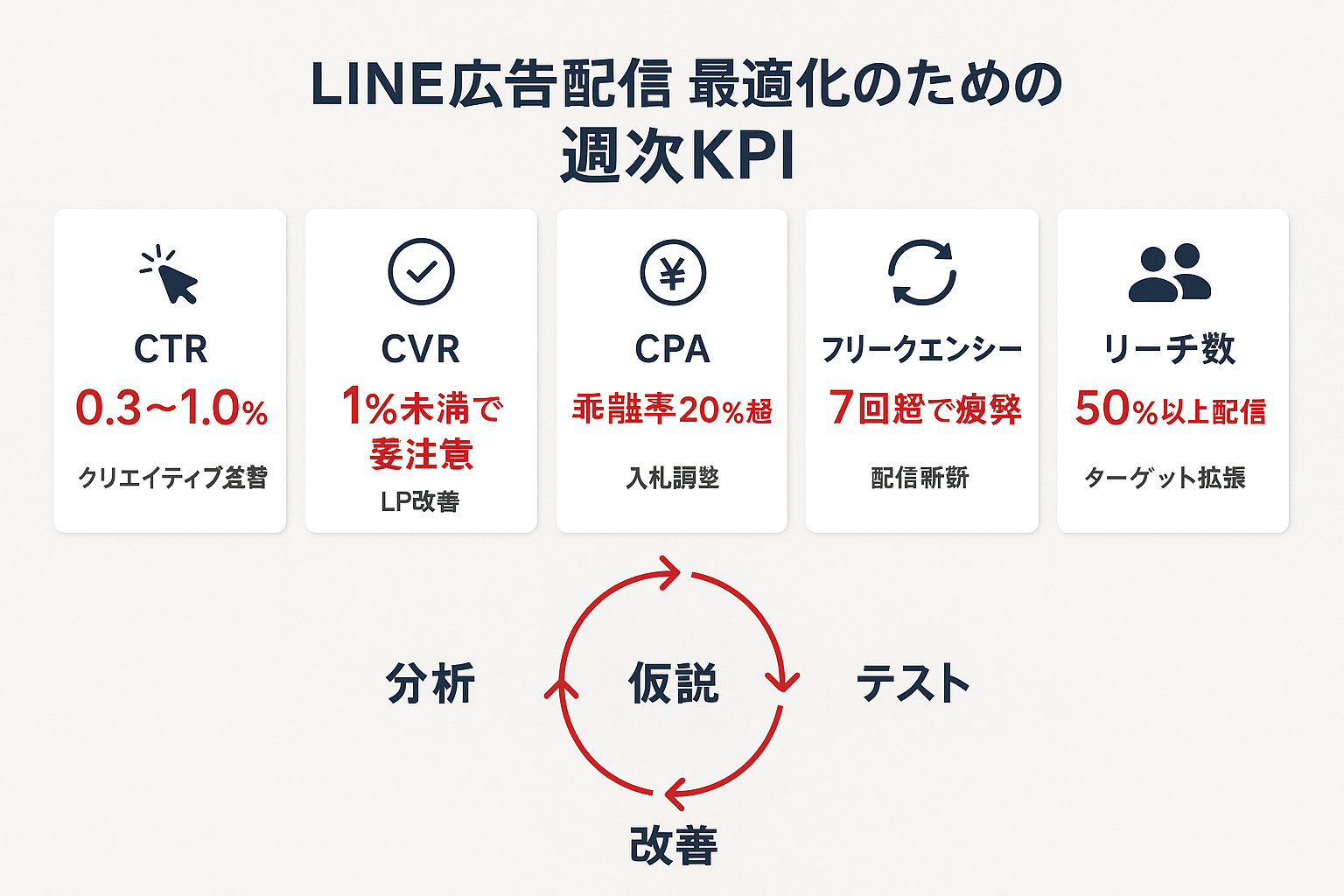 LINE広告ターゲティング改善のための週次確認指標5つと改善サイクルを示すインフォグラフィック