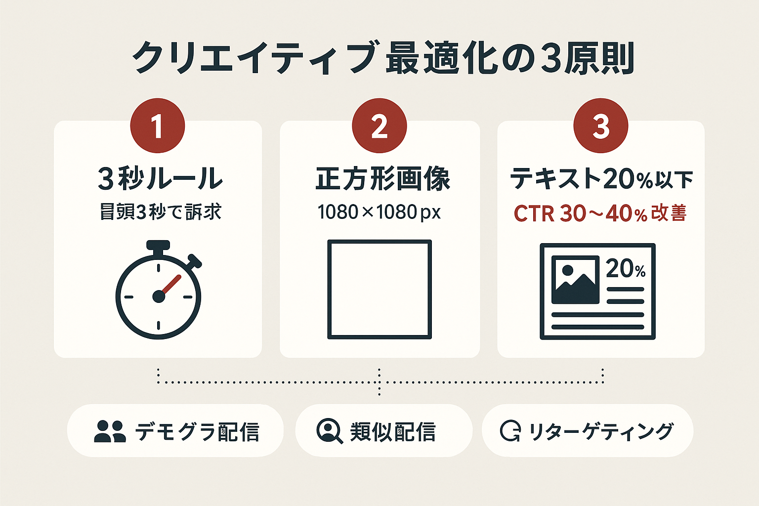 LINE広告のクリエイティブ最適化3原則(3秒ルール、正方形画像1080×1080px、テキスト量20%以下)と3つのターゲティング手法を示したステップガイド