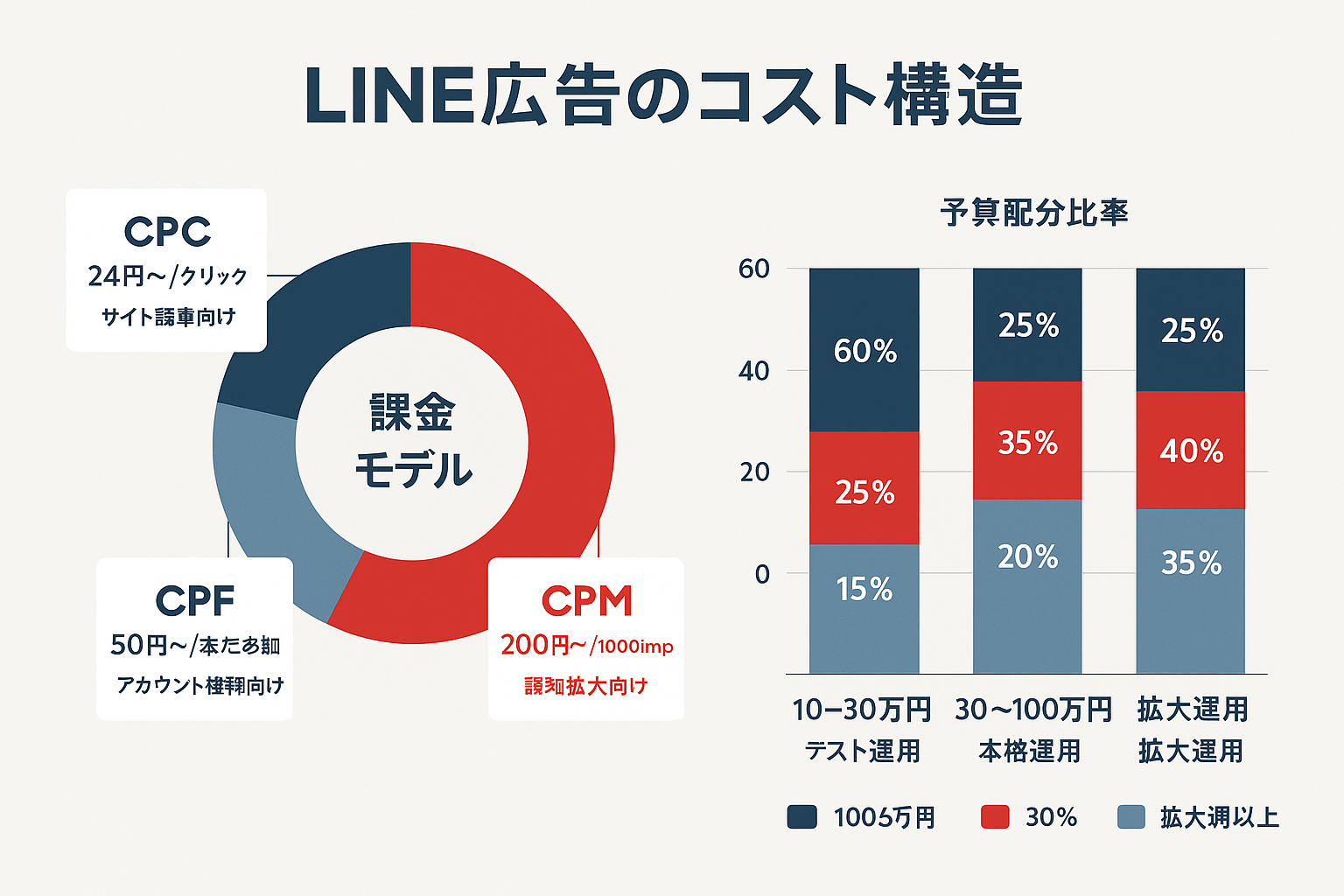 LINE広告の費用体系を示すインフォグラフィック。左側にCPC・CPM・CPFの3つの課金モデルを示すドーナツチャートと各モデルの最低入札額、右側に月額10〜30万円・30〜100万円・100万円以上の3つの予算帯別に課金モデルの配分比率を示す積み上げ棒グラフ