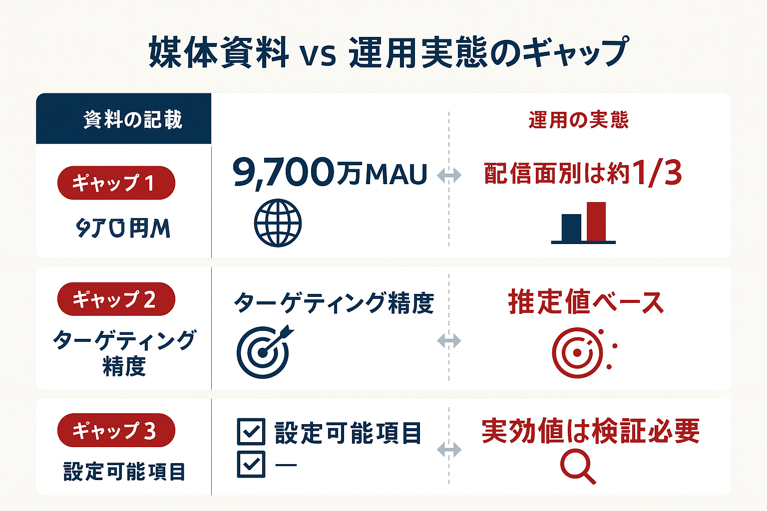 LINE広告の媒体資料に記載された数字と運用現場での実態を3つのギャップとして比較した図。MAU、ターゲティング精度、設定項目と実効値の違いを視覚的に示している