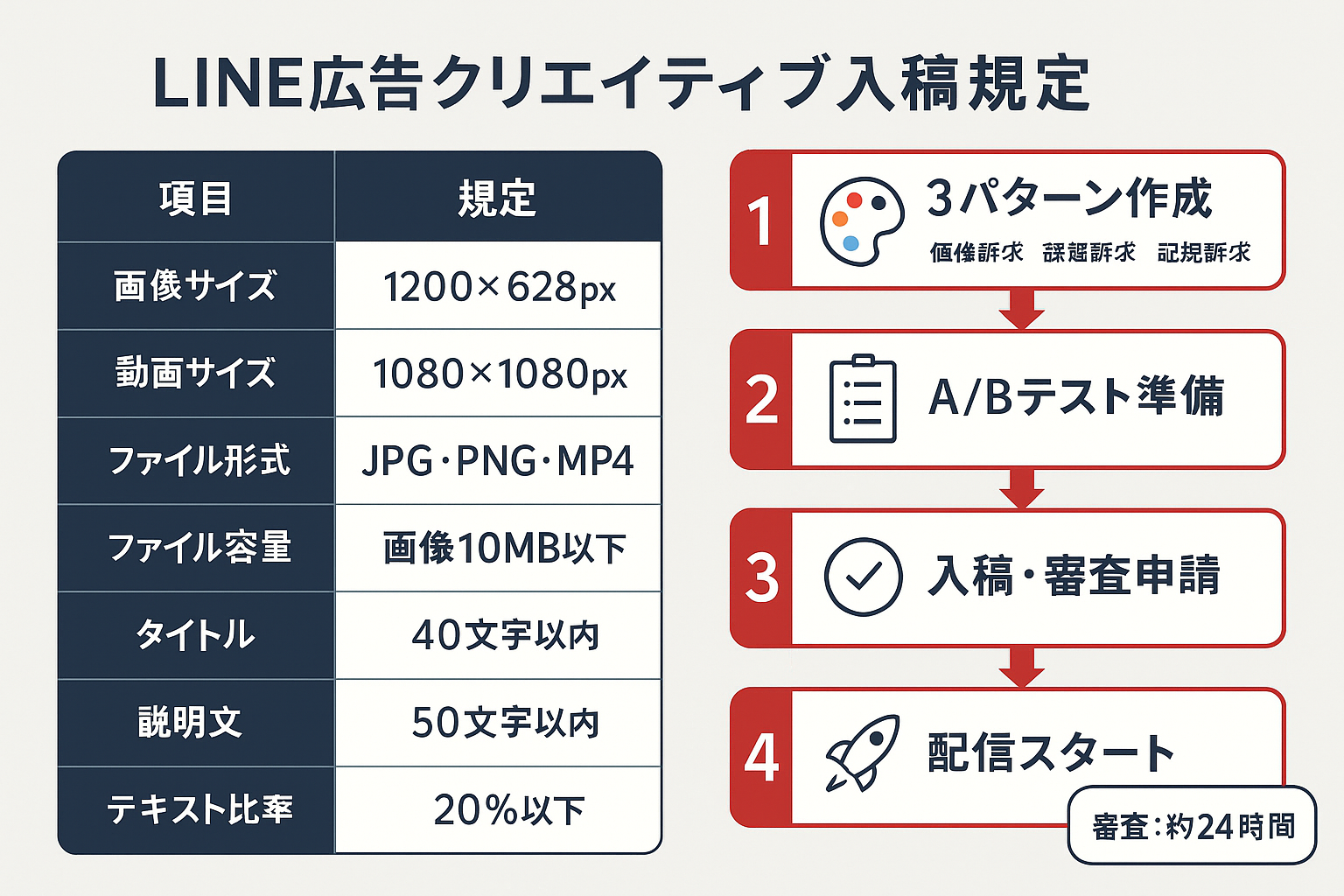 LINE広告クリエイティブの入稿規定一覧表と、3パターン作成からA/Bテスト準備、審査申請、配信スタートまでの4ステップを示すインフォグラフィック。