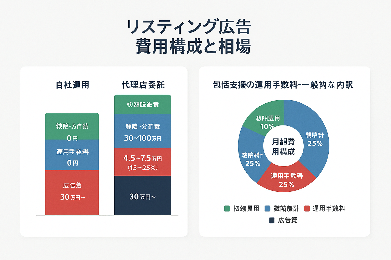 リスティング広告の費用構成を示すインフォグラフィック。自社運用と代理店委託を比較する積み上げ棒グラフで広告費・運用手数料・戦略分析費・初期設定費の4要素を色分け表示し、右側のドーナツチャートで包括支援時の月額費用構成比率を可視化した図