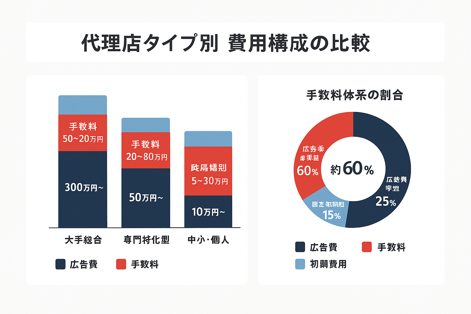 リスティング広告代理店の3タイプ（大手総合・専門特化型・中小個人）別に広告費・手数料・初期費用を積み上げ棒グラフで比較し、手数料体系の割合をドーナツチャートで示したインフォグラフィック