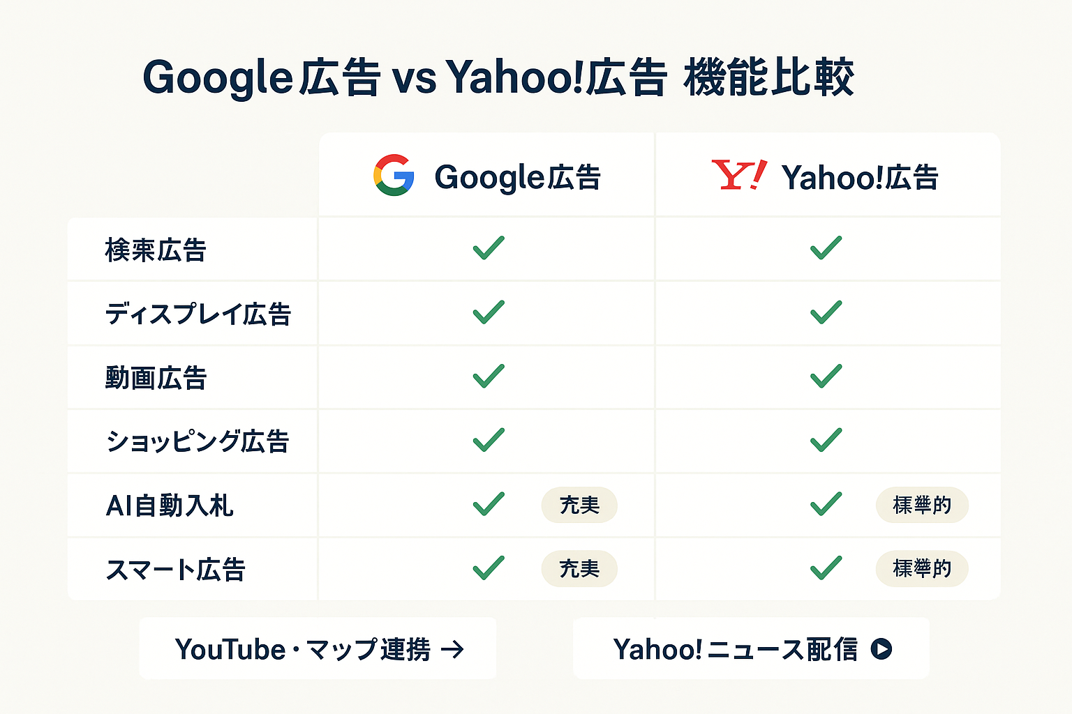 Google広告とYahoo!広告の主要6機能(検索広告、ディスプレイ広告、動画広告、ショッピング広告、AI自動入札、スマート広告)を比較した表形式のインフォグラフィック