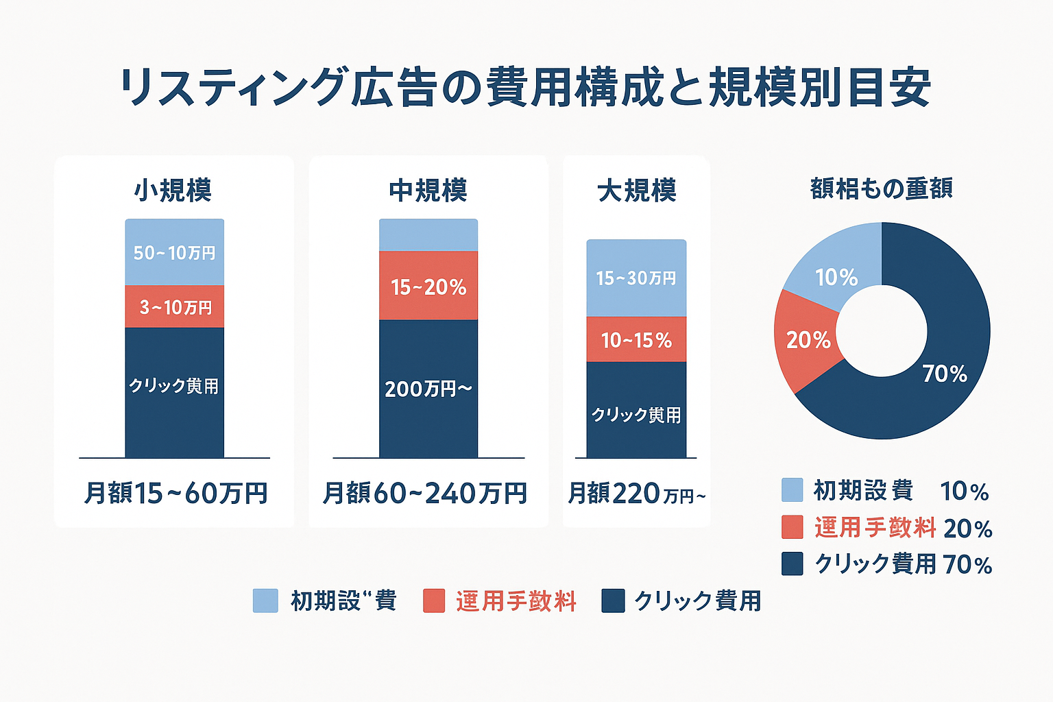 リスティング広告の費用構成を示すインフォグラフィック。小規模・中規模・大規模の3つの規模別に、クリック費用・運用手数料・初期設定費の内訳を積み上げ棒グラフで比較し、右側のドーナツチャートで費用構成比率を表示。