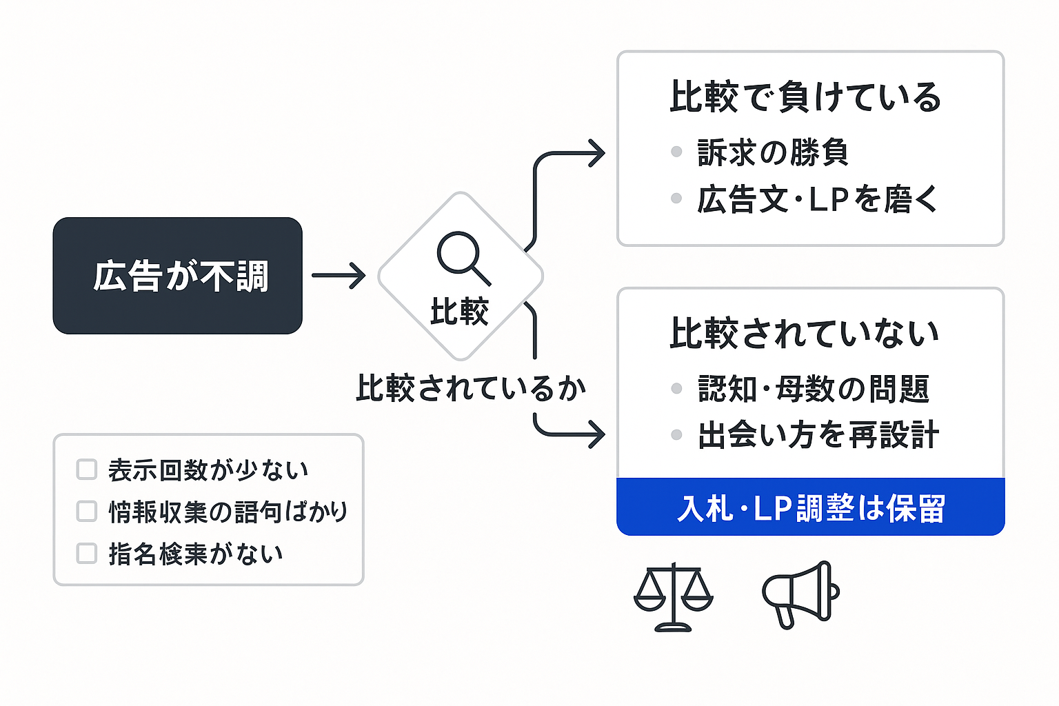 広告不調の原因を「比較で負けている」か「そもそも比較されていない」かで判別する分岐図