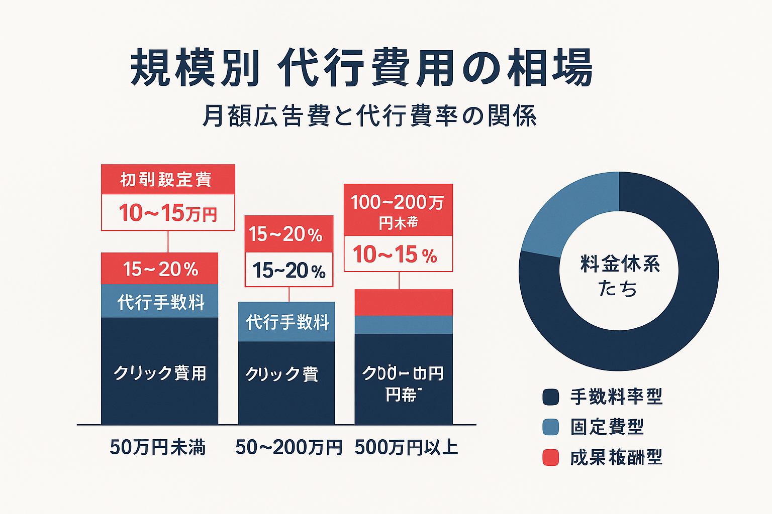 リスティング広告の規模別代行費用の相場を示す積み上げ棒グラフ。月額広告費50万円未満から500万円以上までの4段階で、クリック費用・代行手数料・初期設定費の内訳と費率を表示。右側にはドーナツチャートで手数料率型・固定費型・成果報酬型の3つの料金体系を図示。