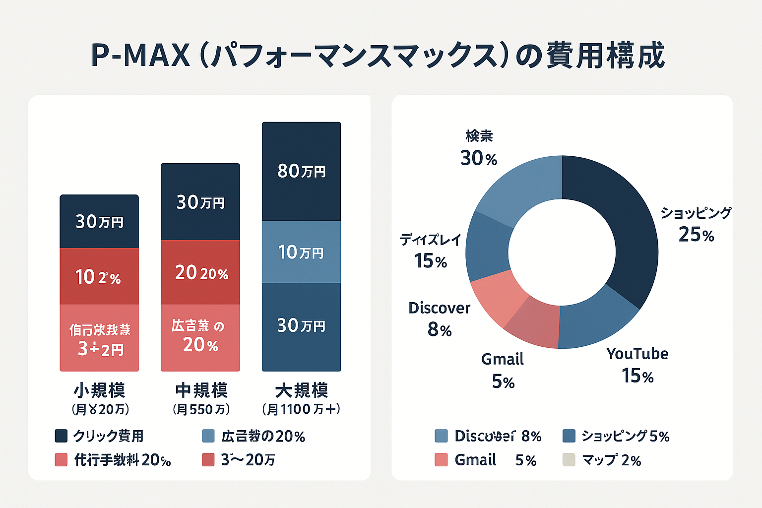 P-MAX(パフォーマンスマックス)の費用構成を示すインフォグラフィック。小規模・中規模・大規模の3パターン別に積み上げ棒グラフでクリック費用・アセット制作費・代行手数料・動画制作費を表示。右側に7配信チャネルの予算配分ドーナツチャート。