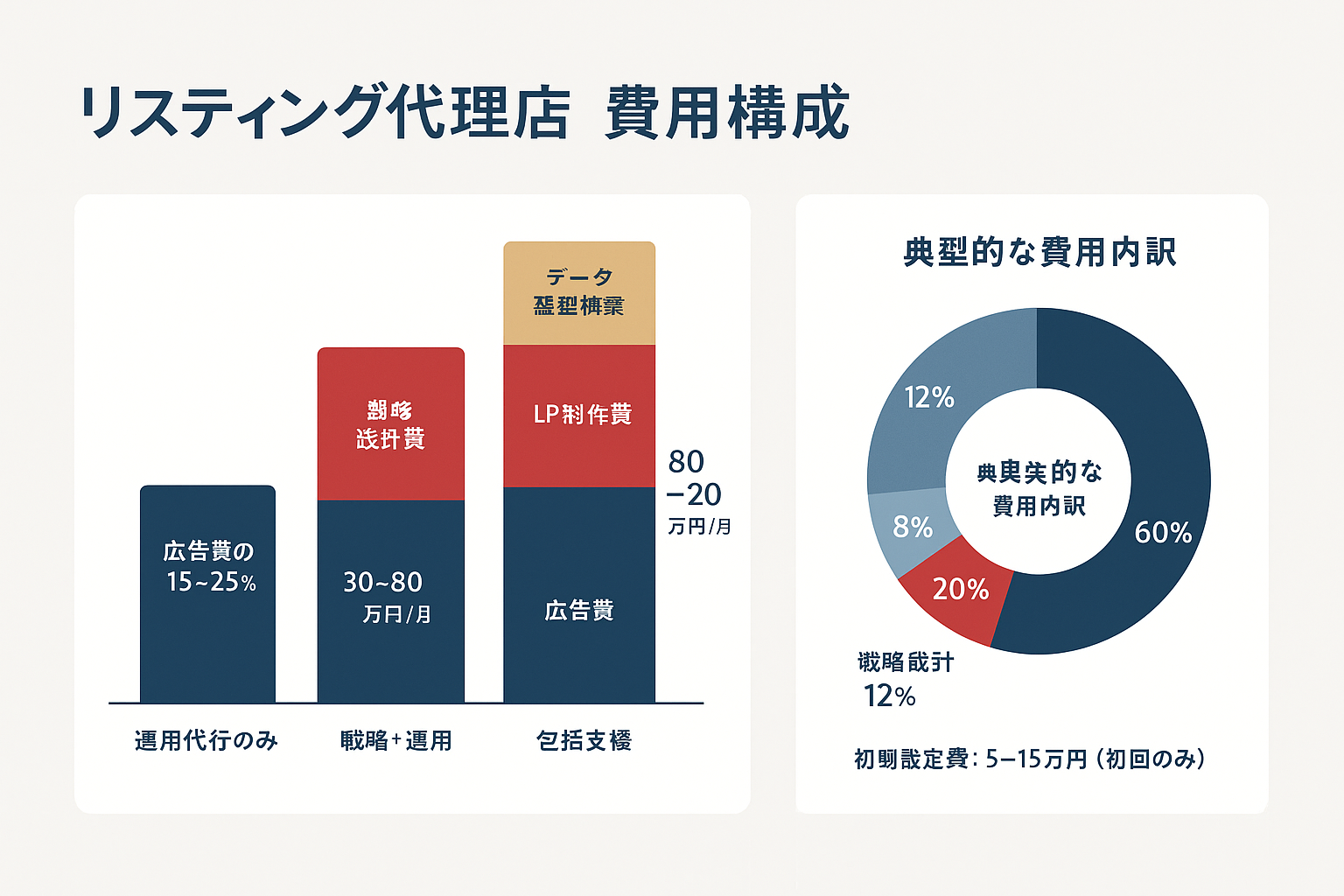 リスティング代理店の費用構成を示す積み上げ棒グラフとドーナツチャート。運用代行のみ（広告費の15〜25%）、戦略＋運用（30〜80万円）、包括支援（80〜200万円）の3つのサービス範囲別コスト比較と、広告費・運用手数料・戦略設計・初期設定費の内訳割合を表示。