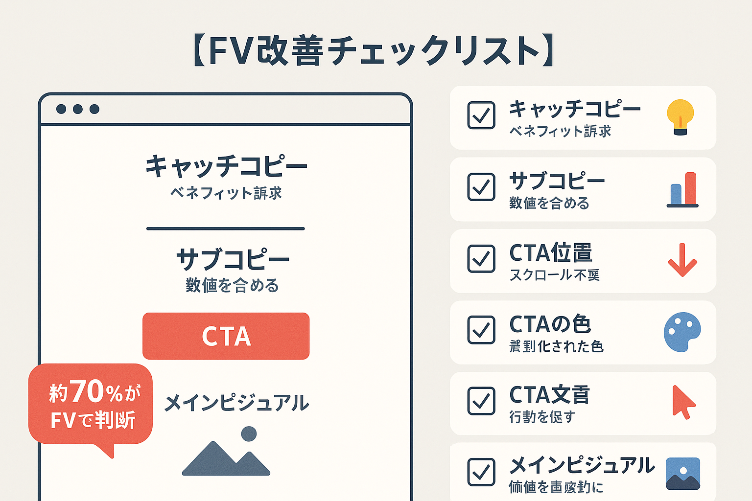 LP改善のファーストビュー最適化チェックリスト。キャッチコピー、サブコピー、CTA位置・色・文言、メインビジュアル、読み込み速度の7項目を一覧表示したインフォグラフィック。約70%のユーザーがファーストビューで判断することを強調。