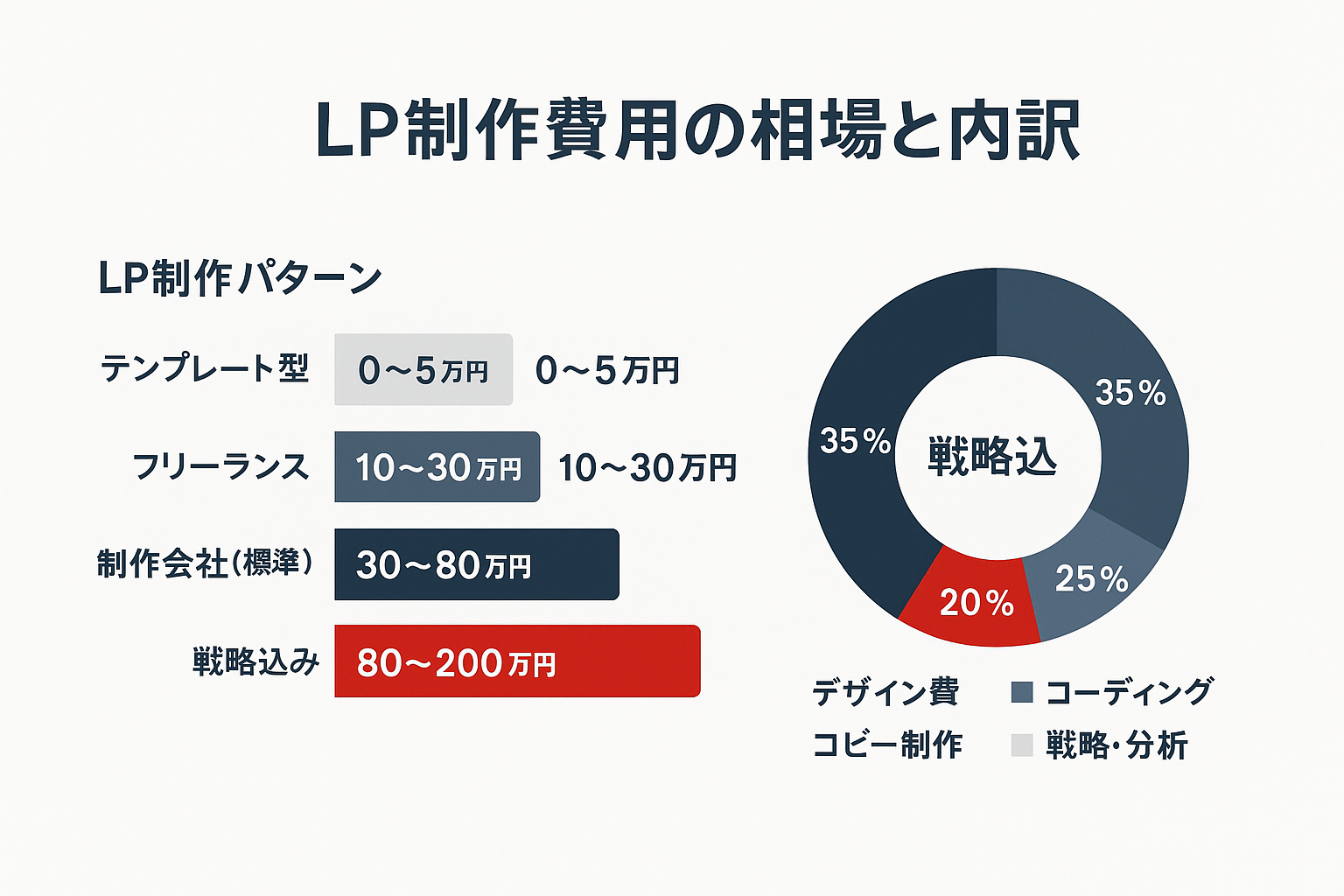 LP制作費用の相場と内訳を示す図。左側は4パターンの積み上げ棒グラフ(テンプレート型0〜5万円、フリーランス10〜30万円、制作会社標準30〜80万円、戦略込み80〜200万円)、右側はデザイン費35%・コーディング25%・コピー制作20%・戦略分析20%のドーナツチャート