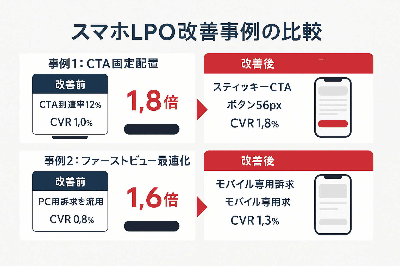 スマートフォンLPO施策の改善前後を比較した図。事例1はCTA固定配置でCVRが1.0%から1.8%に1.8倍向上、事例2はファーストビュー最適化でCVRが0.8%から1.3%に1.6倍向上した結果を表示。