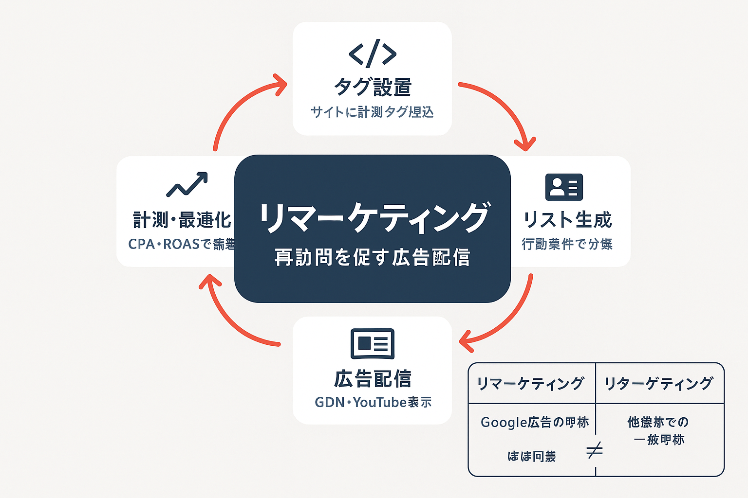 リマーケティングの基本概念図。中央に「リマーケティング」を配置し、周囲に「タグ設置」「リスト生成」「広告配信」「計測・最適化」の4つの要素が矢印で接続されたサイクル図。右下にリマーケティングとリターゲティングの違いを示す比較ボックス付き。