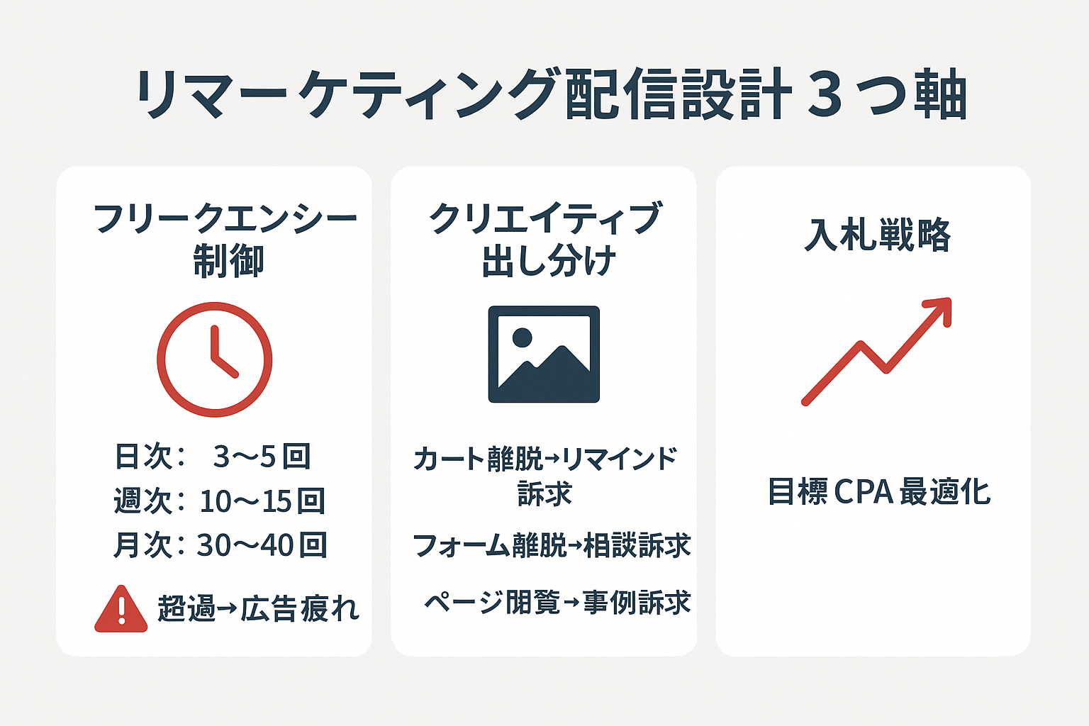 リマーケティングの配信設計における3つの軸を示すインフォグラフィック。フリークエンシー制御の推奨回数、セグメント別クリエイティブ出し分け戦略、入札戦略の3要素をカード形式で解説