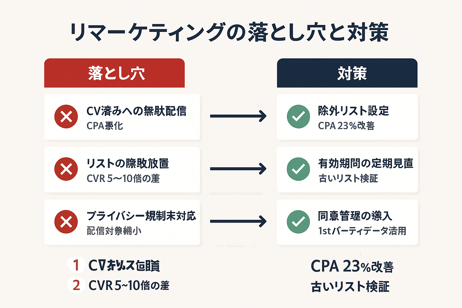 リマーケティング運用における3つの落とし穴とそれぞれの対策を左右対比で示した図。CV済み無駄配信、リスト腐敗、プライバシー規制未対応の問題と具体的な改善策を対応させて表示