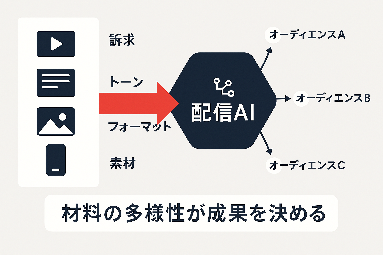 訴求軸やトーンの異なる多様なクリエイティブを配信AIに供給し、AIが複数のオーディエンスへ最適配信する仕組みの概念図