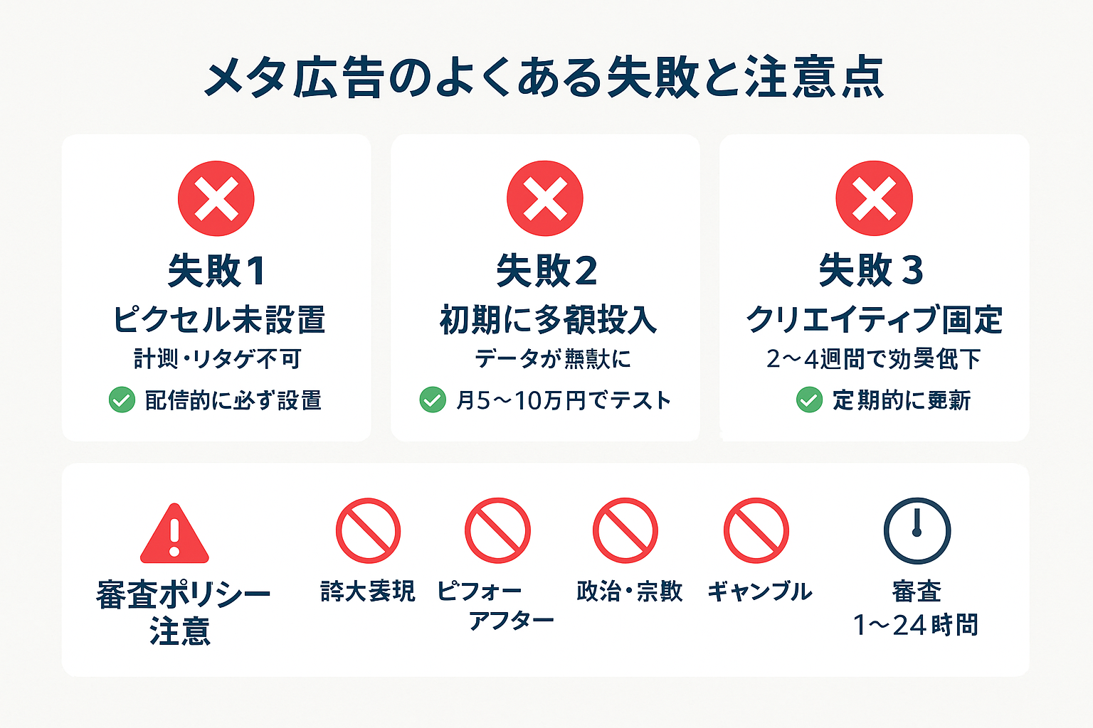 メタ広告運用でよくある3つの失敗パターン（ピクセル未設置・初期の多額投入・クリエイティブ固定）と審査ポリシーで拒否される表現の注意点をまとめたインフォグラフィック