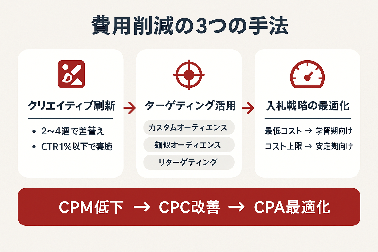Meta広告の費用を抑えるための3つの手法（クリエイティブ刷新・ターゲティング活用・入札戦略最適化）を示したフローチャート