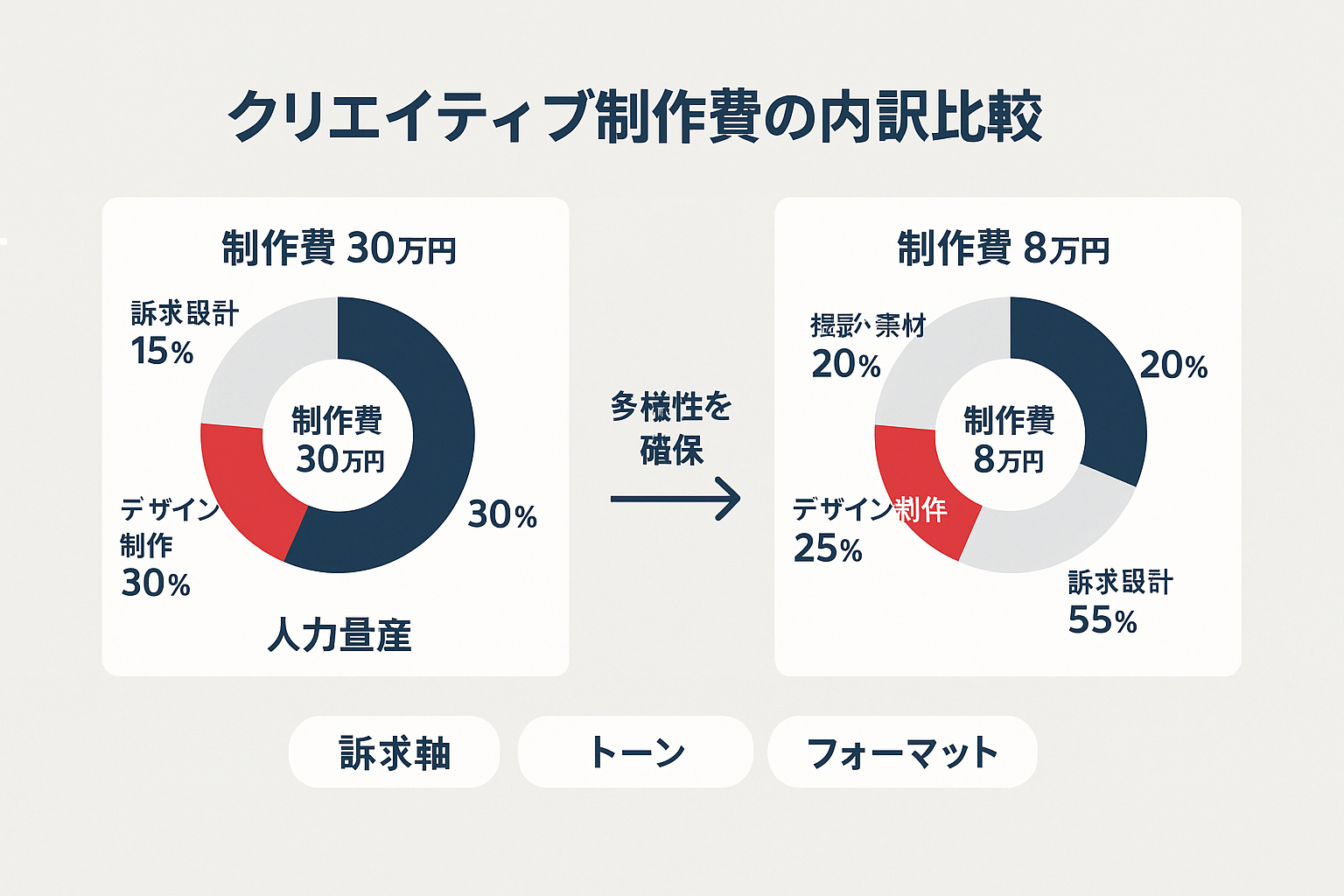 人力量産と生成AI活用でのクリエイティブ制作費内訳を比較したドーナツグラフと、訴求軸・トーン・フォーマットの多様性要素