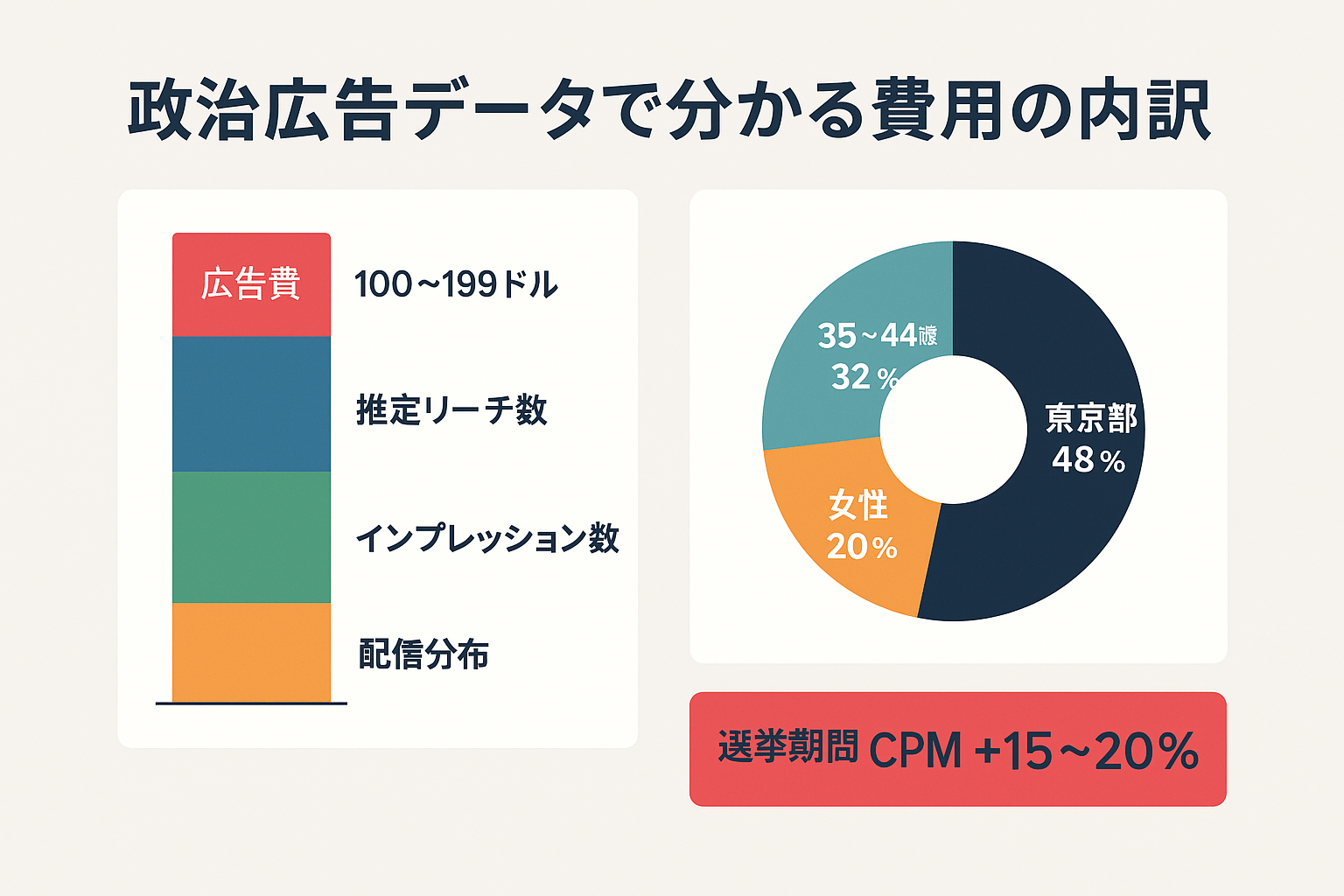 Meta広告ライブラリの政治広告データから分かる費用構成を示すインフォグラフィック。積み上げ棒グラフで広告費・推定リーチ数・インプレッション数・配信分布を色分けし、ドーナツグラフで東京都・35〜44歳・女性の配信分布を表示。選挙期間中のCPM上昇率15〜20%も強調表示。