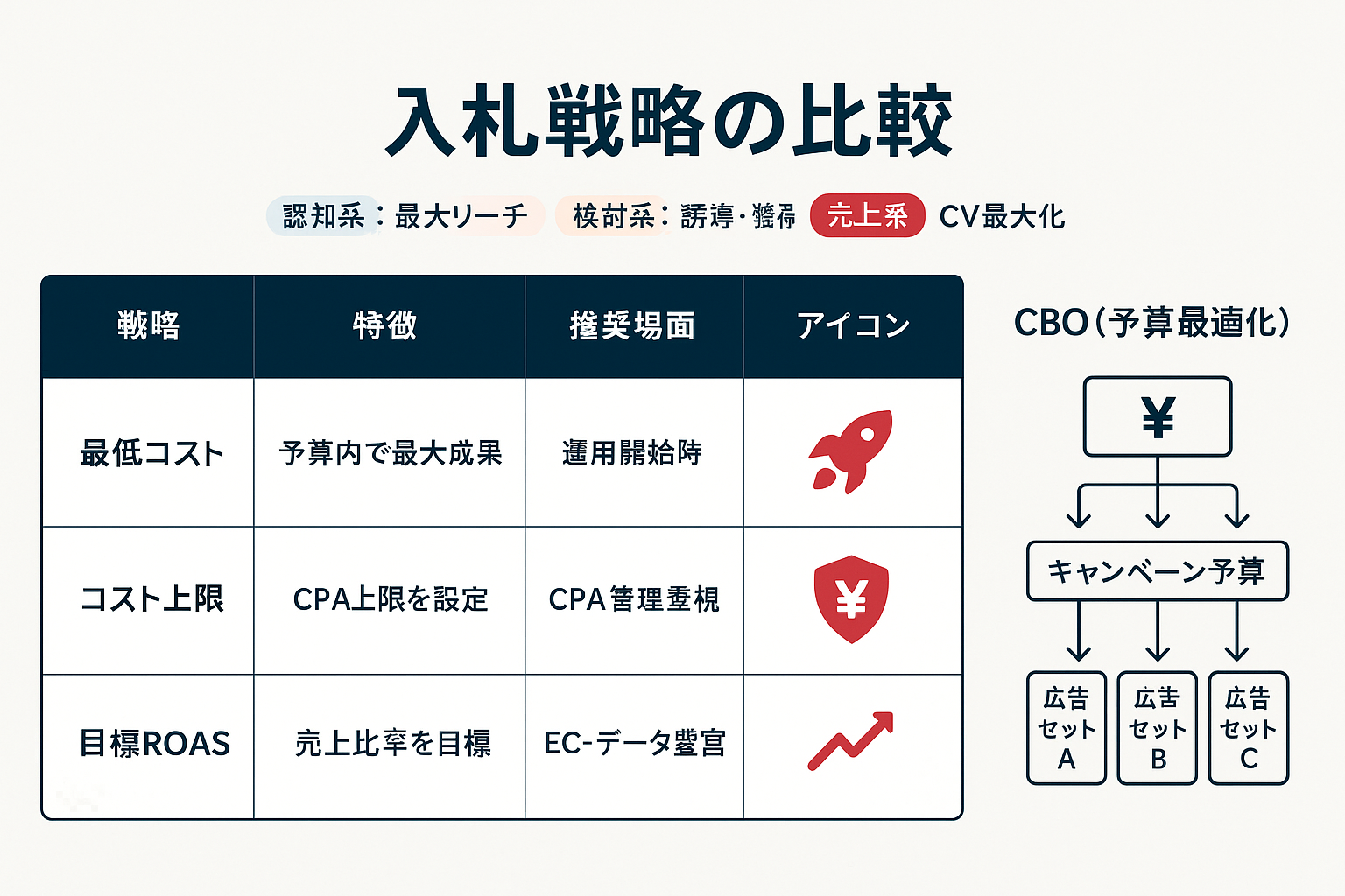 Meta広告マネージャーの入札戦略（最低コスト・コスト上限・目標ROAS）の比較表と、キャンペーン予算最適化（CBO）の自動配分の仕組みを示した図