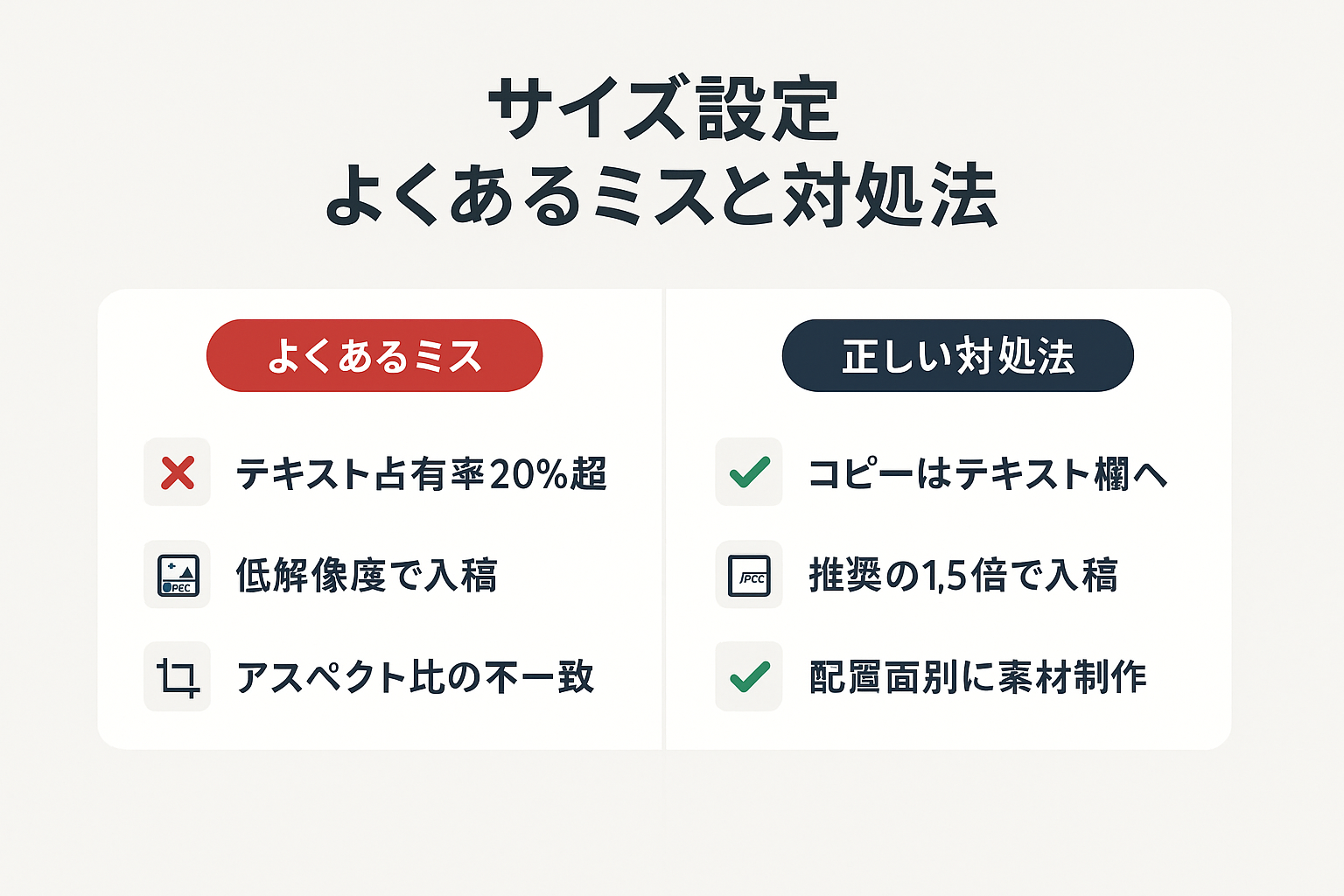 Meta広告のサイズ設定でよくあるミス3つと正しい対処法を比較したイラスト