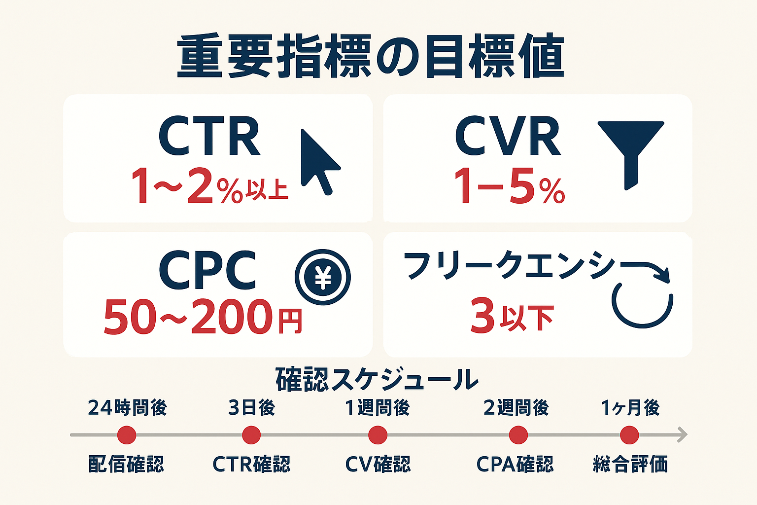 Meta広告の重要指標（CTR、CVR、CPC、フリークエンシー）の目標値を大きく表示し、配信後24時間から1ヶ月までの確認スケジュールをタイムラインで示したインフォグラフィック。