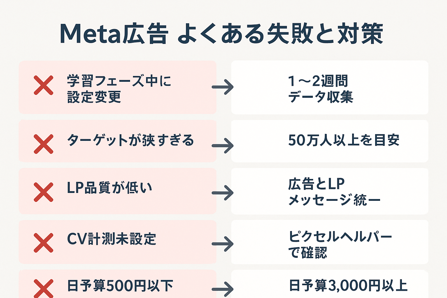 Meta広告でよくある5つの失敗（学習フェーズ中の設定変更、ターゲットが狭すぎる、LP品質が低い、CV計測未設定、予算が少なすぎる）と、それぞれの対策を左右に対比して表示した比較図。