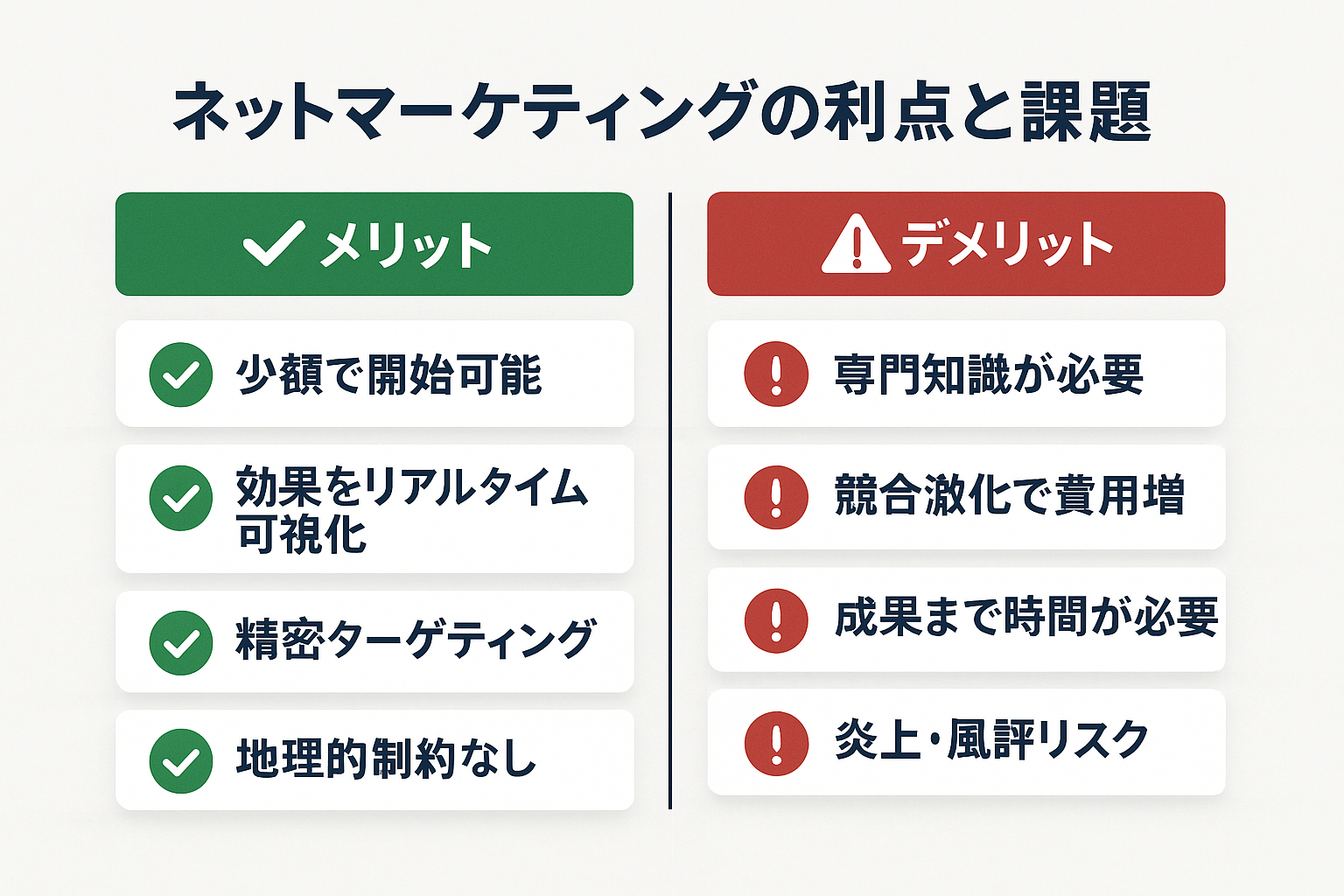 ネットマーケティングのメリット4項目(少額開始・効果可視化・精密ターゲティング・地理的制約なし)とデメリット4項目(専門知識・競合激化・時間コスト・炎上リスク)を左右対比で示した図
