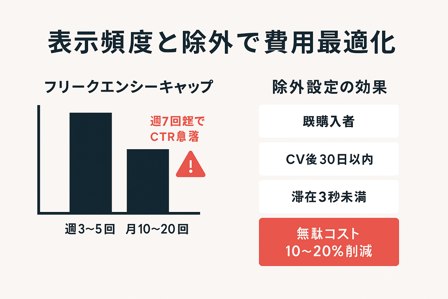 フリークエンシーキャップと除外設定による費用最適化の図。表示上限は週3〜5回、既購入者などの除外で無駄コストを10〜20%削減できることを示している。