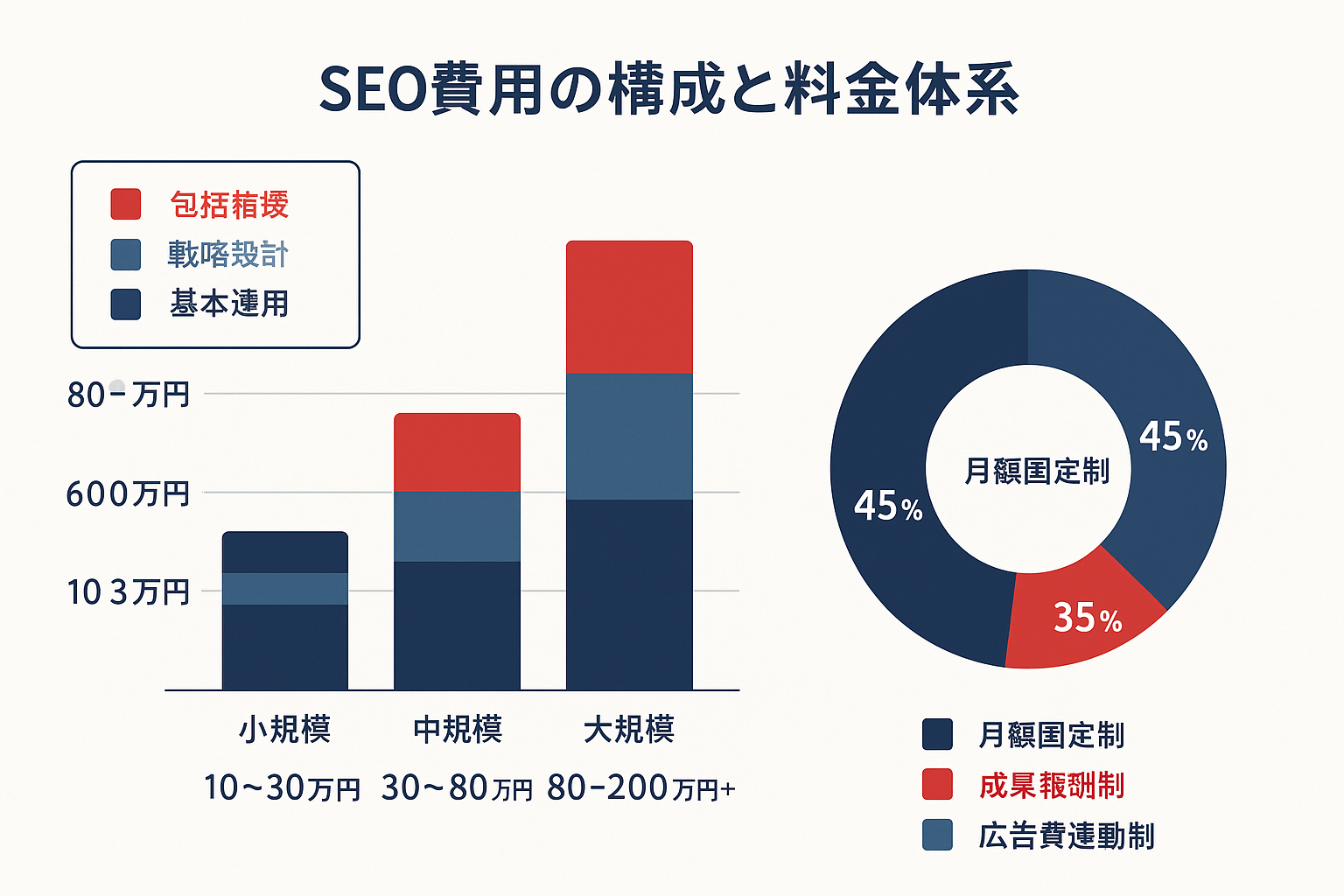 SEO対策の費用構成を示すインフォグラフィック。左側に小規模・中規模・大規模の3本の積み上げ棒グラフで月額費用相場（10〜30万円、30〜80万円、80〜200万円+）を表示。右側にドーナツチャートで月額固定制・成果報酬制・広告費連動制の3つの料金体系の割合を表示。