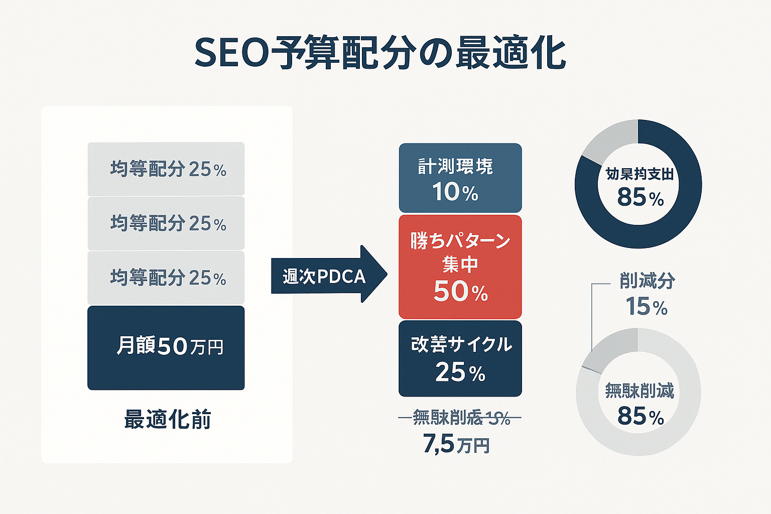 SEO費用対効果を最大化する予算配分の比較図。最適化前の均等配分（各25%）と最適化後の集中投資（勝ちパターンに50%、計測環境10%、改善サイクル25%、無駄削減15%）を積み上げ棒グラフで比較し、ドーナツチャートで効果的支出85%と削減分15%の内訳を表示。