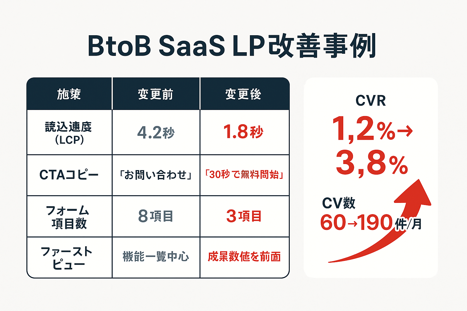 BtoB SaaS企業のLP改善事例を示す比較表。読込速度、CTAコピー、フォーム項目数、ファーストビューの変更前後を比較し、CVRが1.2%から3.8%に改善した結果を表示。