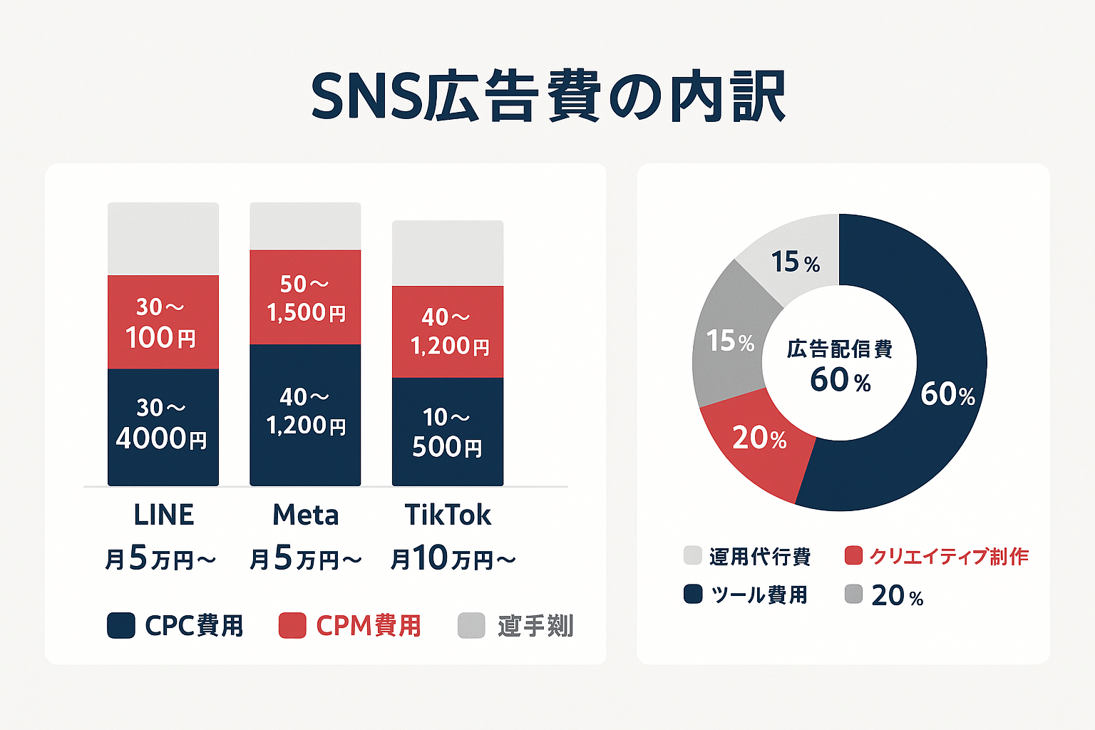 SNS広告の費用構成を示すインフォグラフィック。左側にLINE・Meta・X・TikTokの媒体別CPC・CPM相場を積み上げ棒グラフで比較、右側に広告配信費60%・制作費20%・運用代行費15%・ツール費5%のドーナツチャートで費用内訳を表示