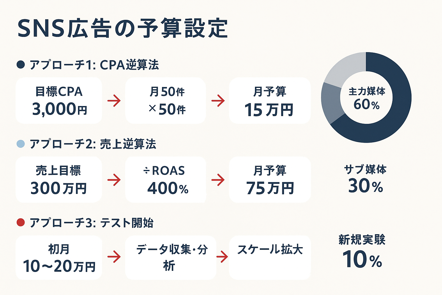SNS広告の予算設定3つのアプローチ（CPA逆算法・売上逆算法・テスト開始）のフローチャートと、複数媒体運用時の予算配分（主力60%・サブ30%・新規10%）を示す図