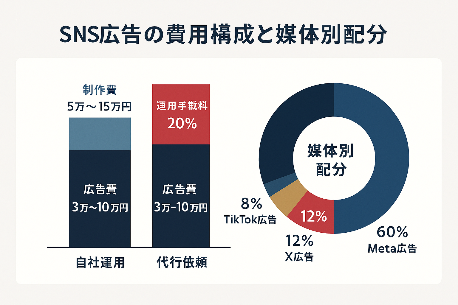 SNS広告の費用構成を示すインフォグラフィック。左側に自社運用と代行依頼を比較した積み上げ棒グラフで広告費・運用手数料・制作費の3層を表示。右側にMeta広告60%・LINE広告20%・X広告12%・TikTok広告8%の媒体別予算配分を示すドーナツチャート。