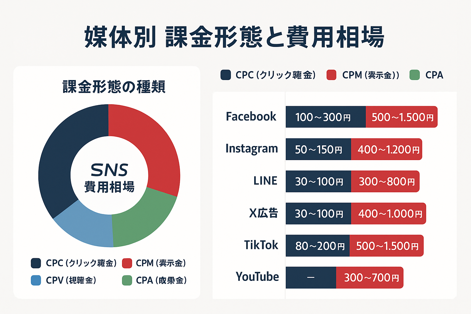 SNS広告6媒体の課金形態（CPC・CPM・CPV・CPA）と費用相場をドーナツチャートと横棒グラフで比較した内訳図
