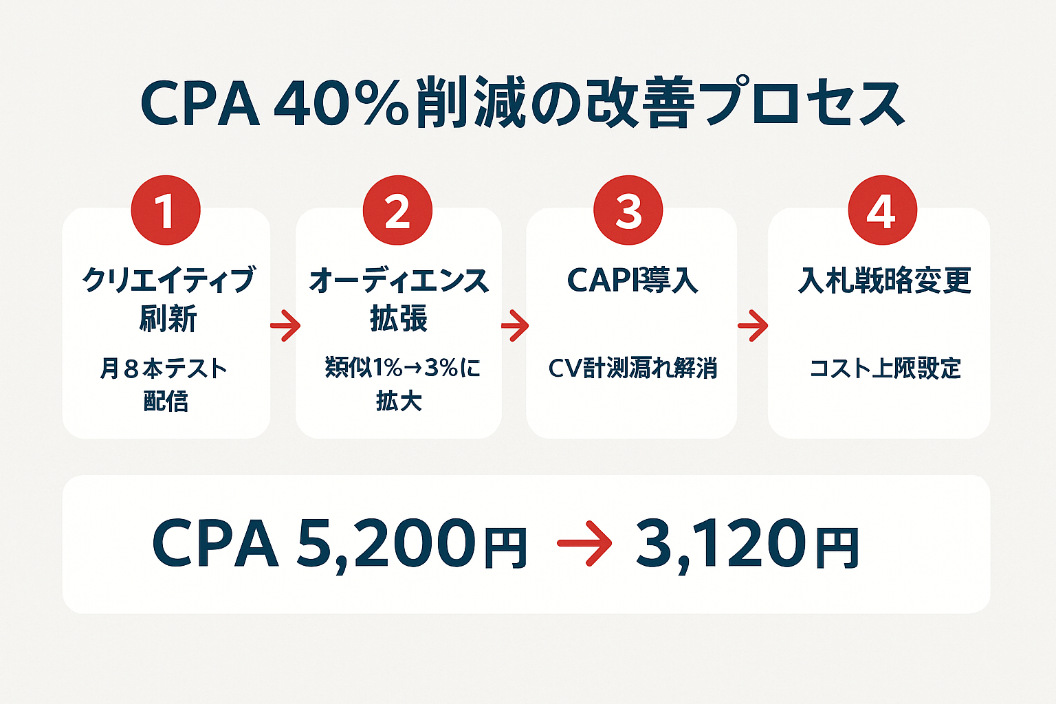 EC企業がMeta広告のCPAを40%削減した4つの改善ステップ（クリエイティブ刷新、オーディエンス拡張、CAPI導入、入札戦略変更）を示すステップガイド