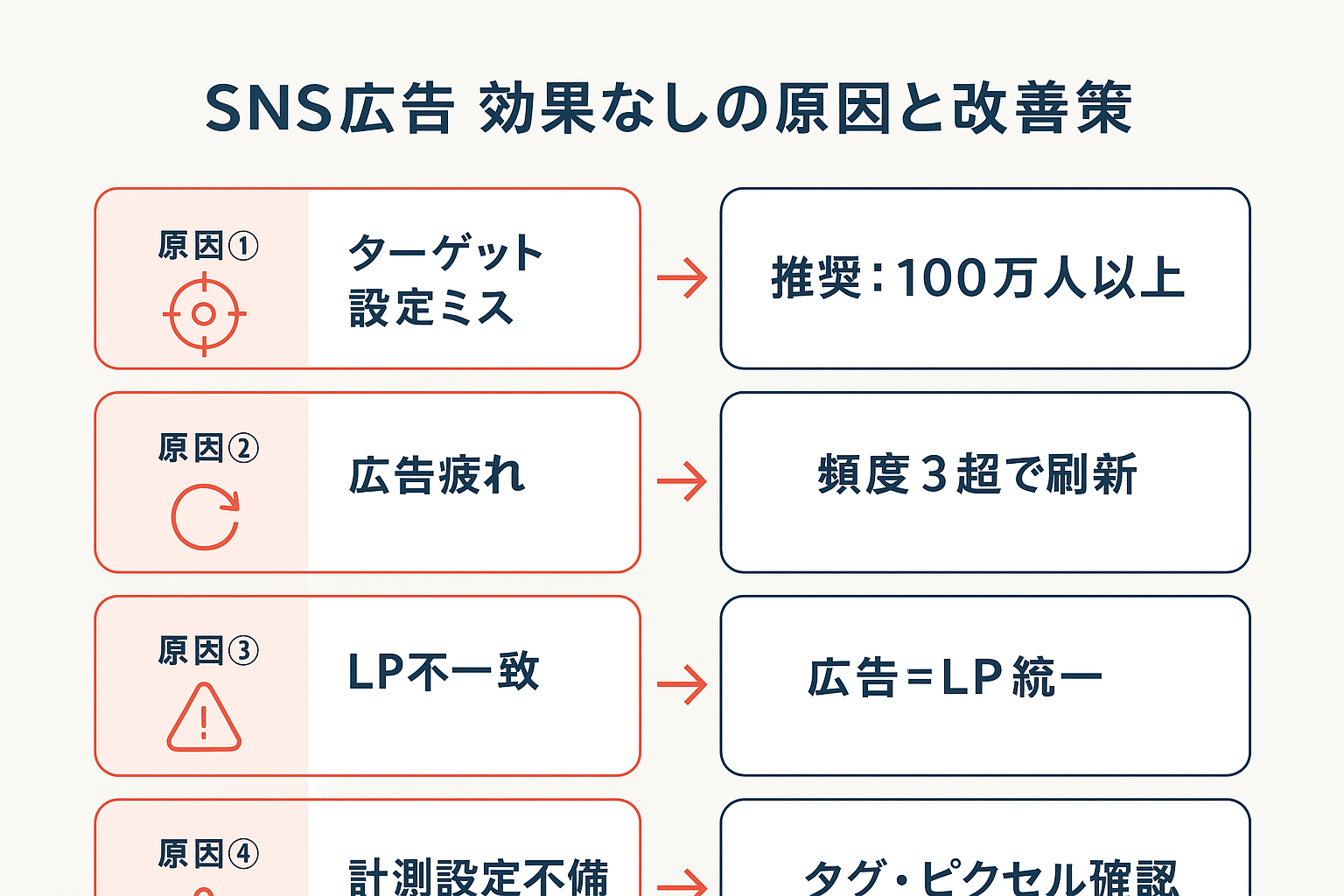 SNS広告の効果が出ない4つの原因（ターゲット設定ミス、広告疲れ、LP不一致、計測設定不備）とそれぞれの改善策を矢印で対応させたフローチャート。各原因と解決策がペアで横並びに表示されている。